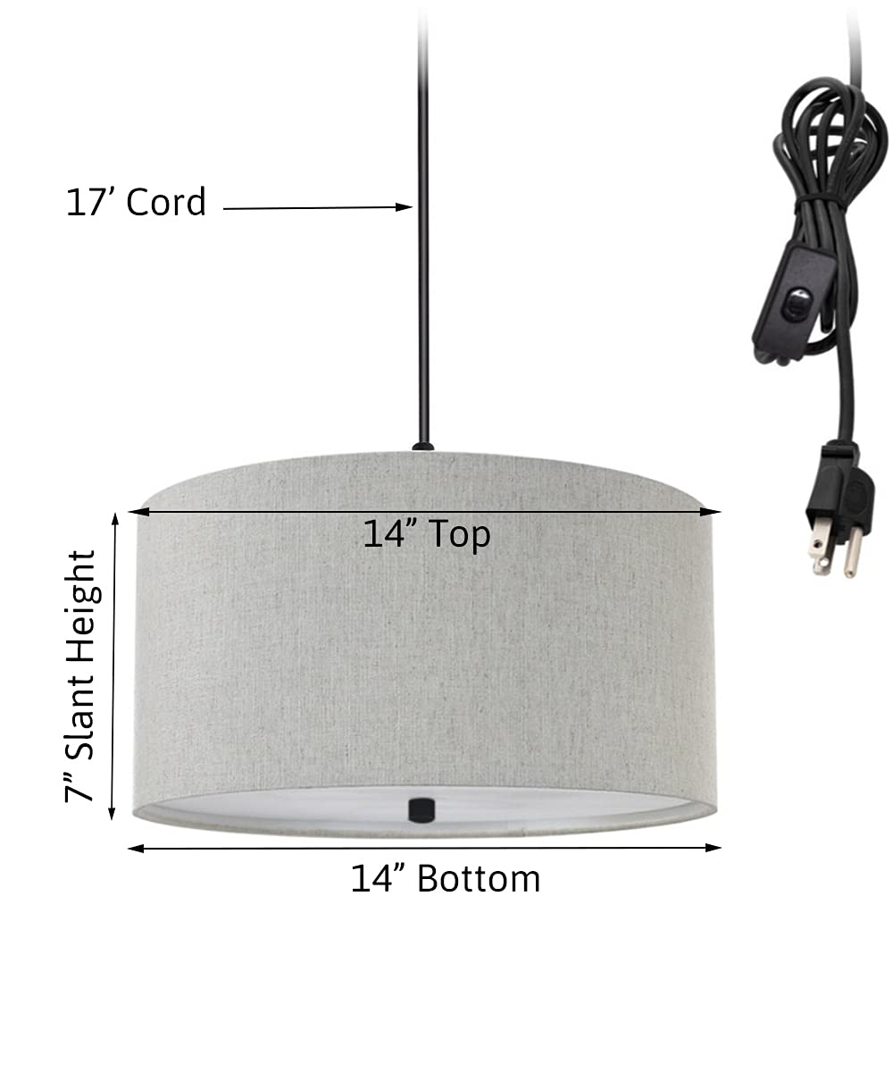 HomeConcept 2-Light Plug-in Swag Pendant with Diffuser - 14 Inch Textured Oatmeal Shade & Black Cord - Perfect for Kitchen Island, Dining Room or Bedroom Lighting