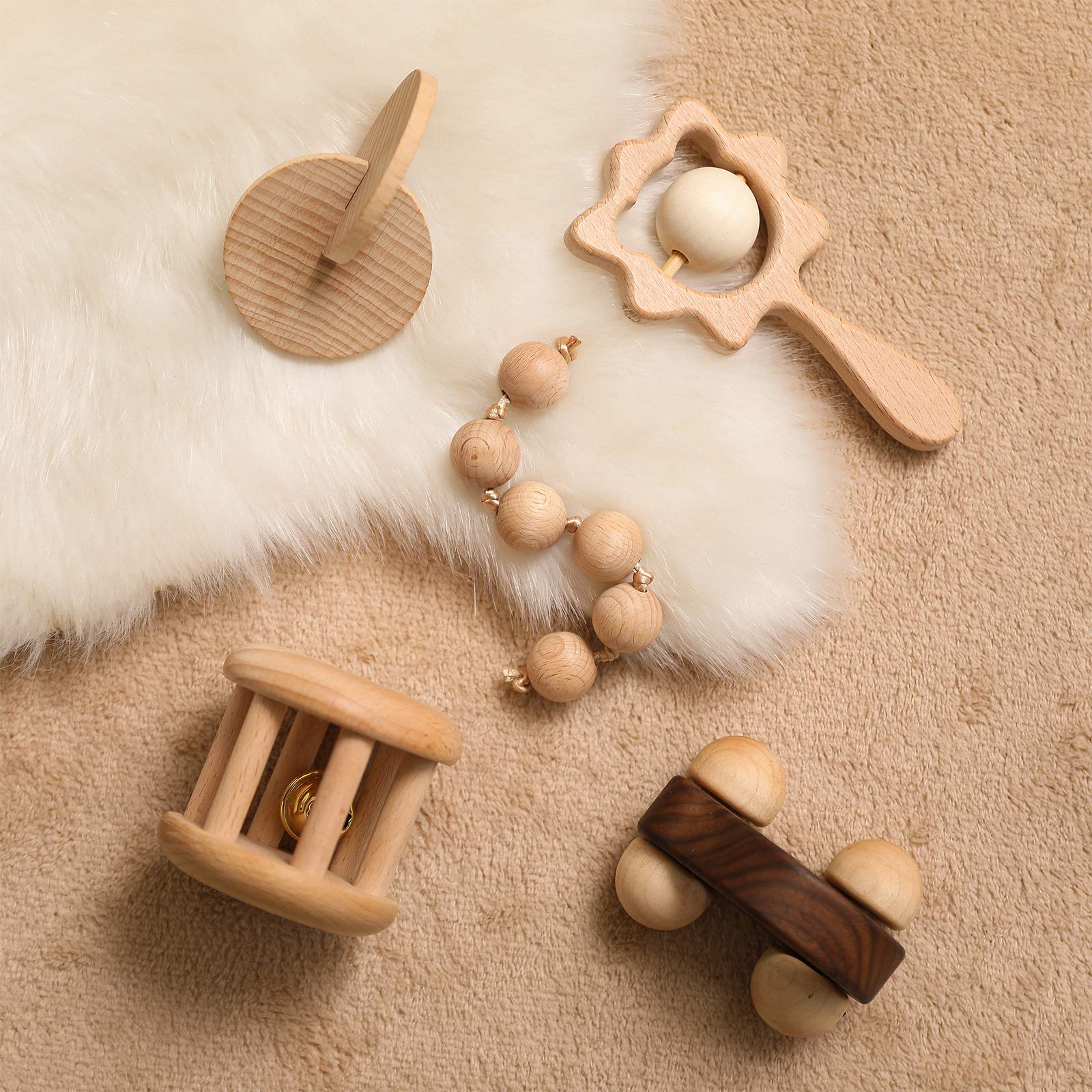 Montessori Wooden Baby Toys Set for 0-6 Months - Wooden Rattles, Grasping Toys, Push Car, Handbells, Interlocking Discs - Perfect Newborn Infant Gifts for Sensory Play & Early Learning