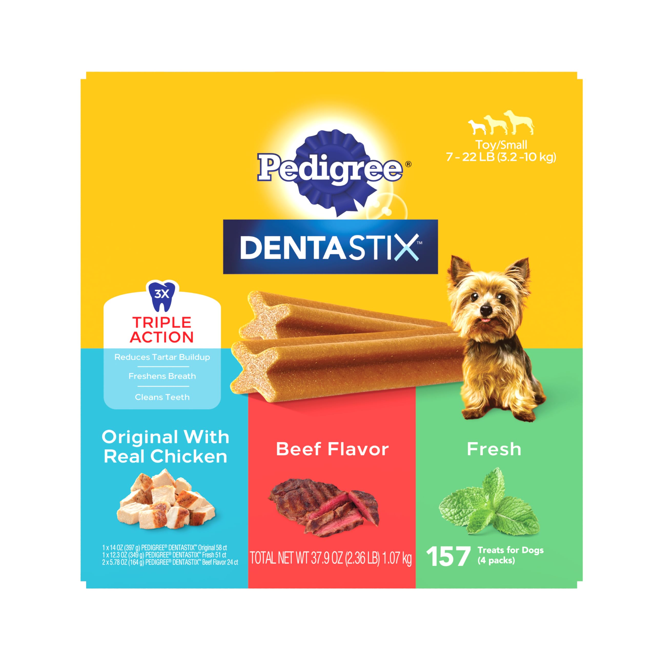 Pedigree Dentastix Toy & Small Breed Dog Treats - Original Beef Flavor & Fresh Variety Pack, 2.36 lb (157 Chews) - Dental Care for Small Dogs, Daily Oral Hygiene & Teeth Cleaning Treats