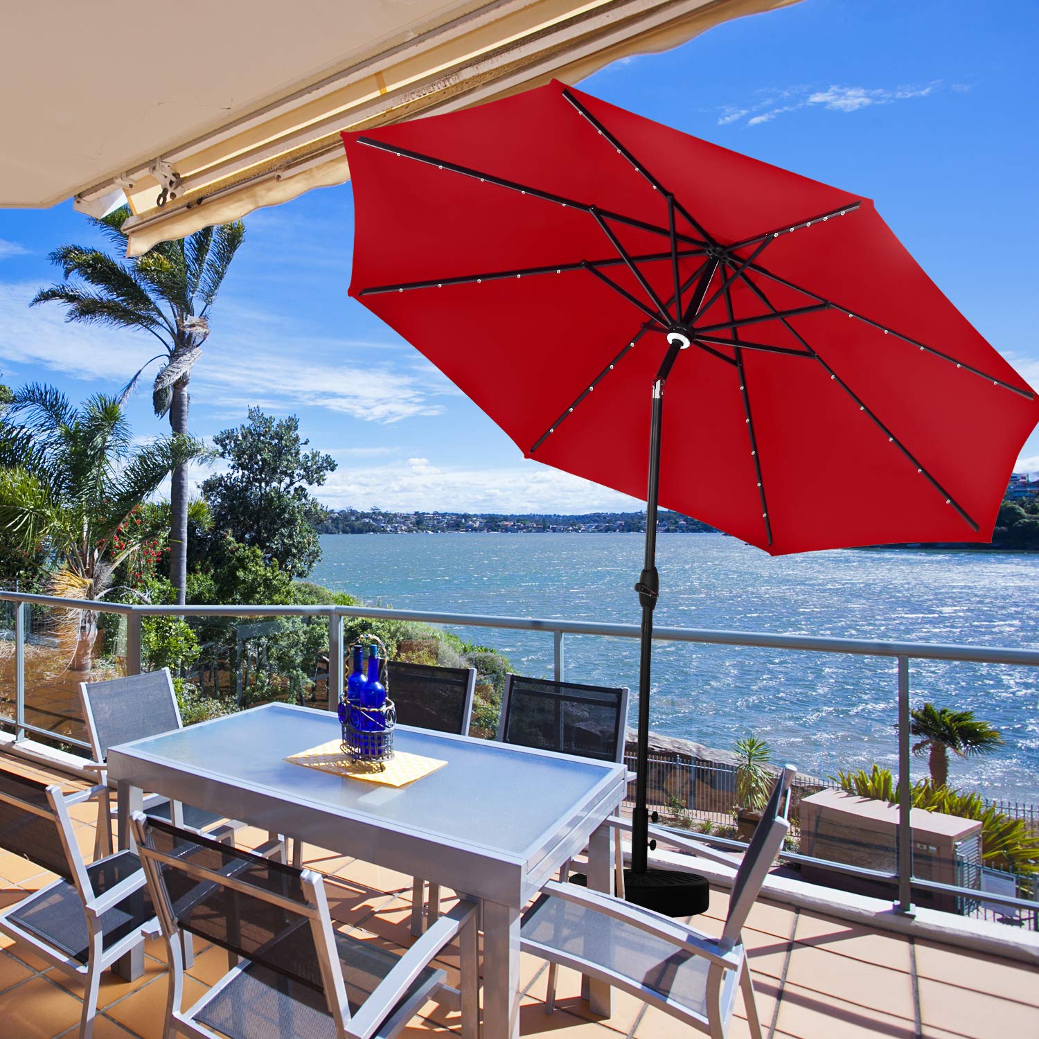 10ft Solar LED Patio Umbrella with Lights - Outdoor Cantilever Umbrella with Crank & Tilt, Waterproof Sun Shade for Garden, Pool, Deck, Backyard & Outdoor Dining