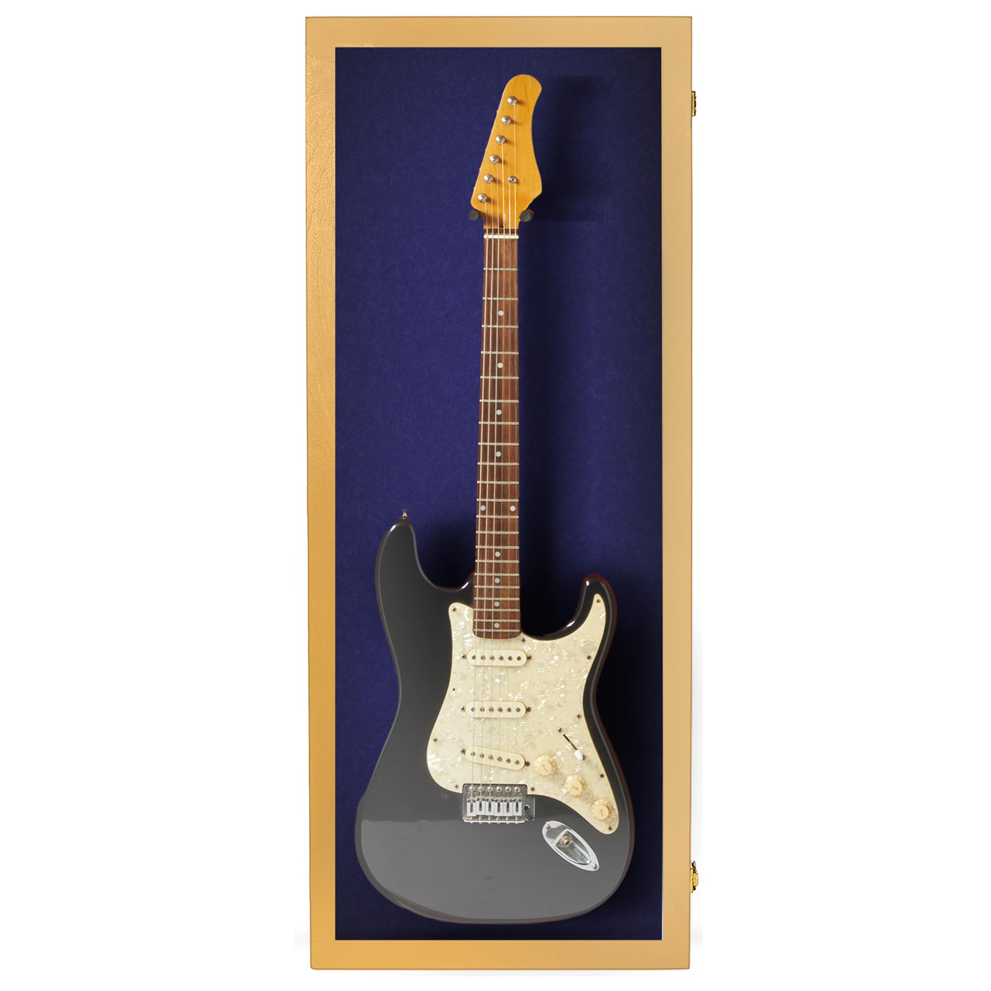 Premium Acrylic Electric Guitar Display Case with Hardwood Frame - Wall Mount Guitar Case in Golden Oak & Blue Felt - Perfect for Home, Studio & Music Store Displays