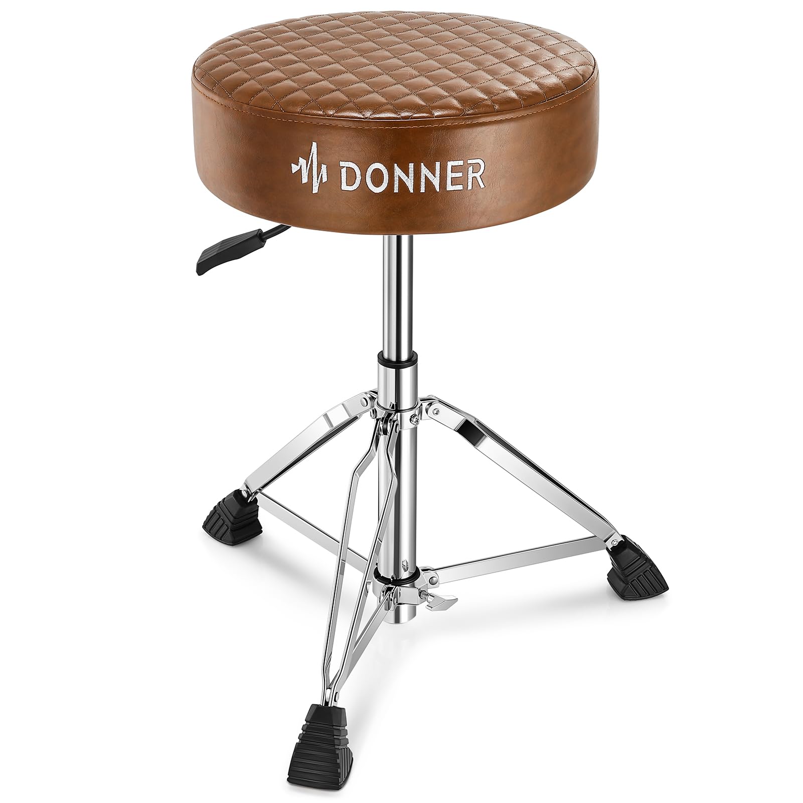 Donner DT-150 Adjustable Hydraulic Drum Throne Seat - Round Padded Drum Stool with Thickened Cushion, Anti-Slip Base & Double-Braced Legs (Brown) - Perfect for Drummers, Percussionists & Music Practice Sessions