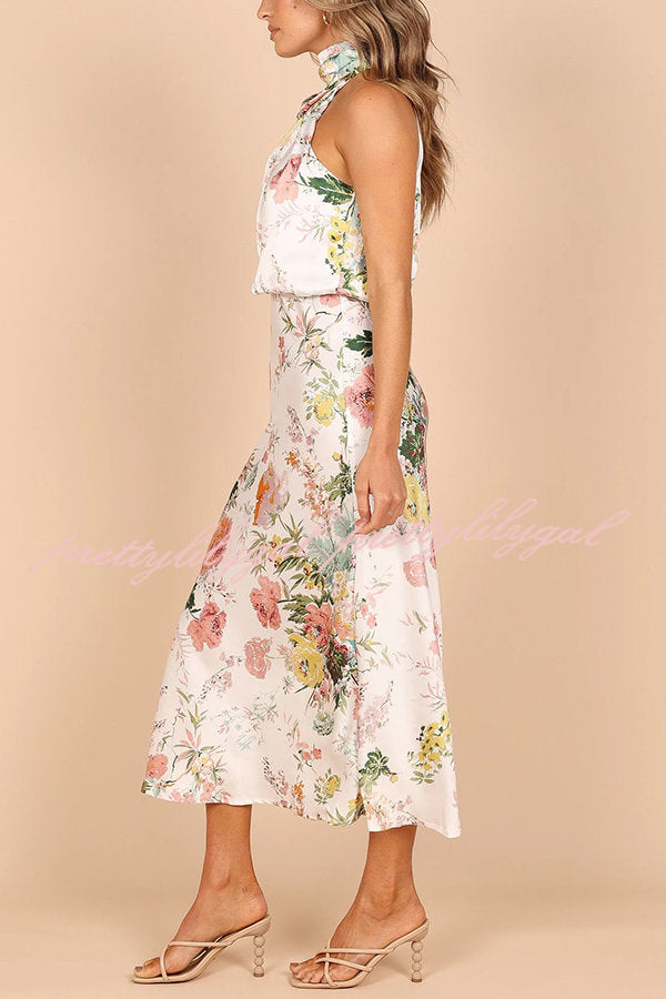 Floral Halter Neck Maxi Dress with Elastic Waist - Perfect for Wine Country Dates, Summer Weddings & Beach Vacations