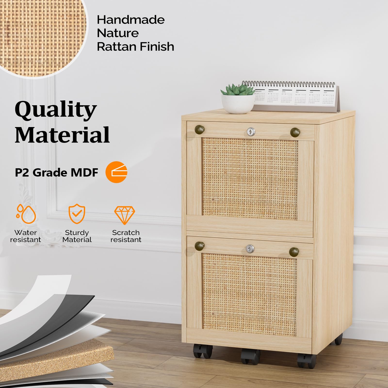 VINGLI 2-Drawer Locking File Cabinet with Wheels - Rolling Office Storage for Home & Workspace, Small Wood Rattan Oak File Organizer Under Desk, Printer Stand for Folders with Tabs - Perfect for Home Office, Study Room & Small Business Organization