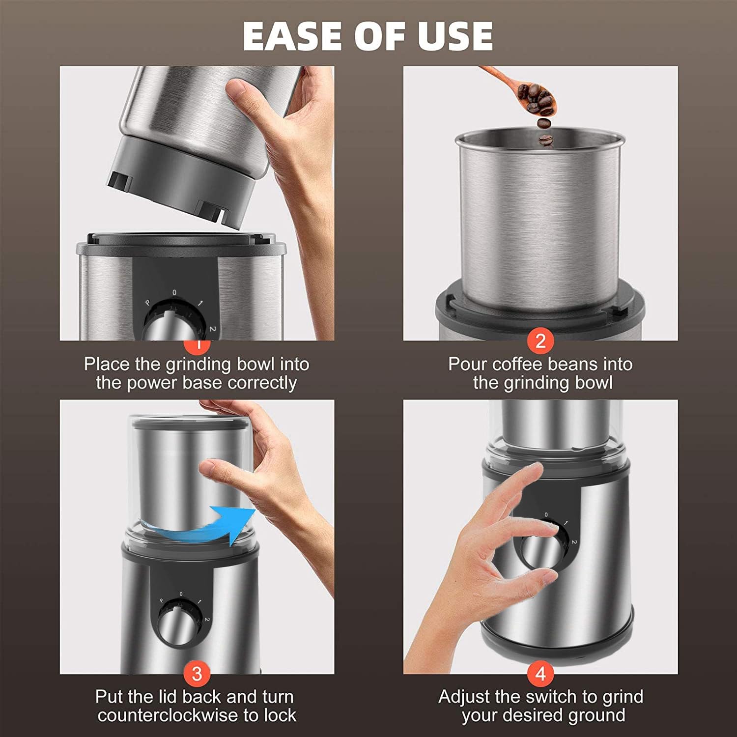 Premium Electric Coffee Grinder for 8-10 Cups - Stainless Steel Burr Mill for Coffee Beans, Spices, Nuts & Herbs - Removable Chamber for Easy Pour & Cleaning (Silver Gray) - Perfect for Home Kitchens, Coffee Shops & Camping