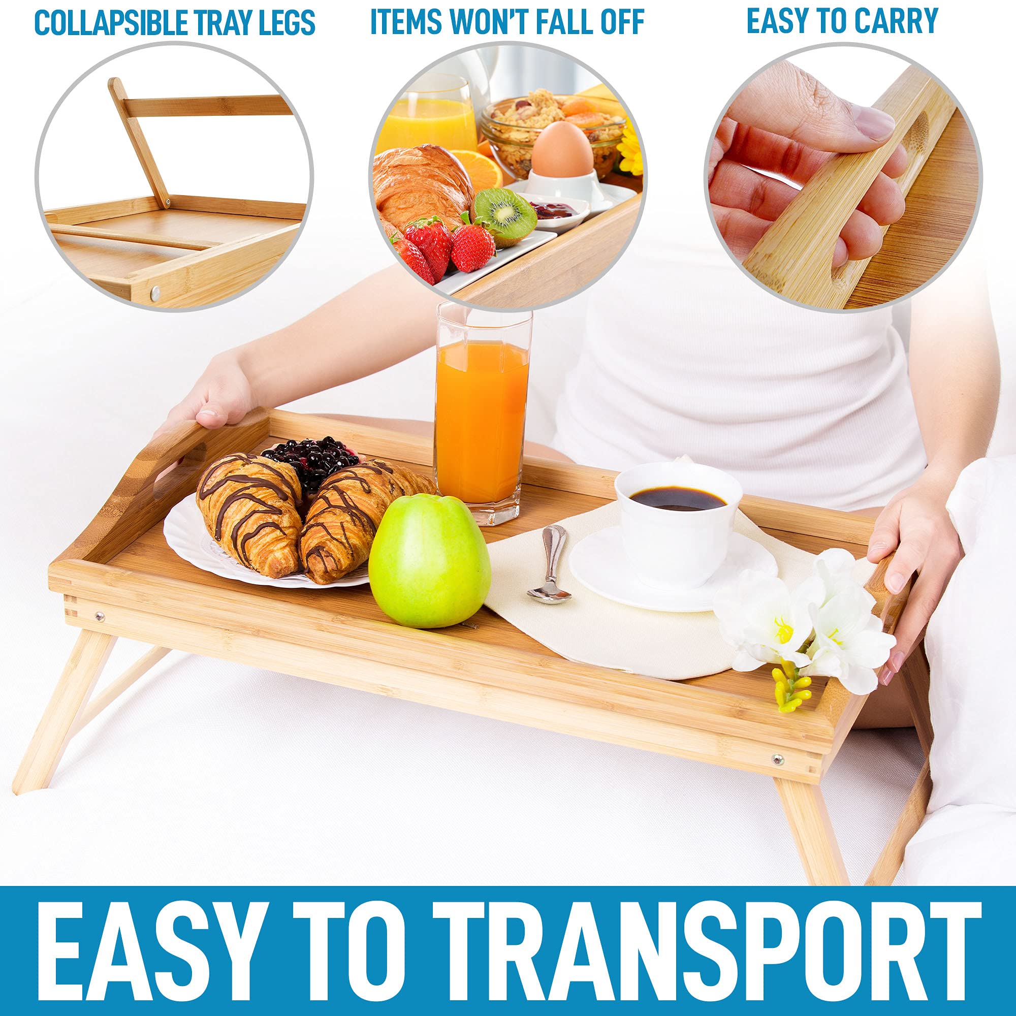 Zulay Premium Bamboo Breakfast Tray with Folding Legs - Adjustable Bed Table for Eating, Working & Relaxing - Multi-Functional Serving Tray for Breakfast in Bed, Laptop Desk, Snack Tray & Home Office Use