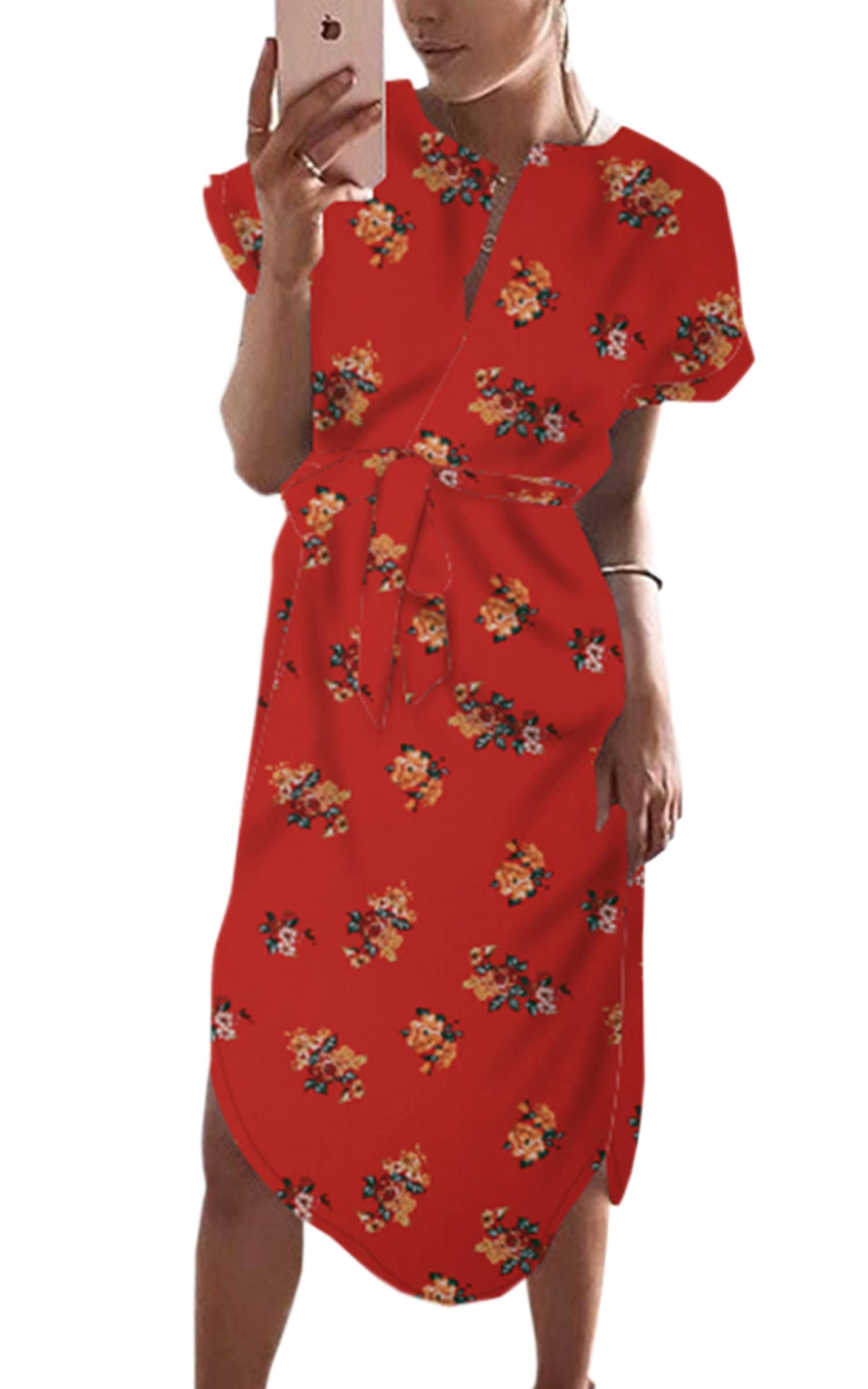 ECOWISH Women's Summer Casual Dress - V-Neck Floral Print Geometric Pattern Belted Midi Dress | Perfect for Beach Vacation, Garden Party & Summer Date Outfits 2023