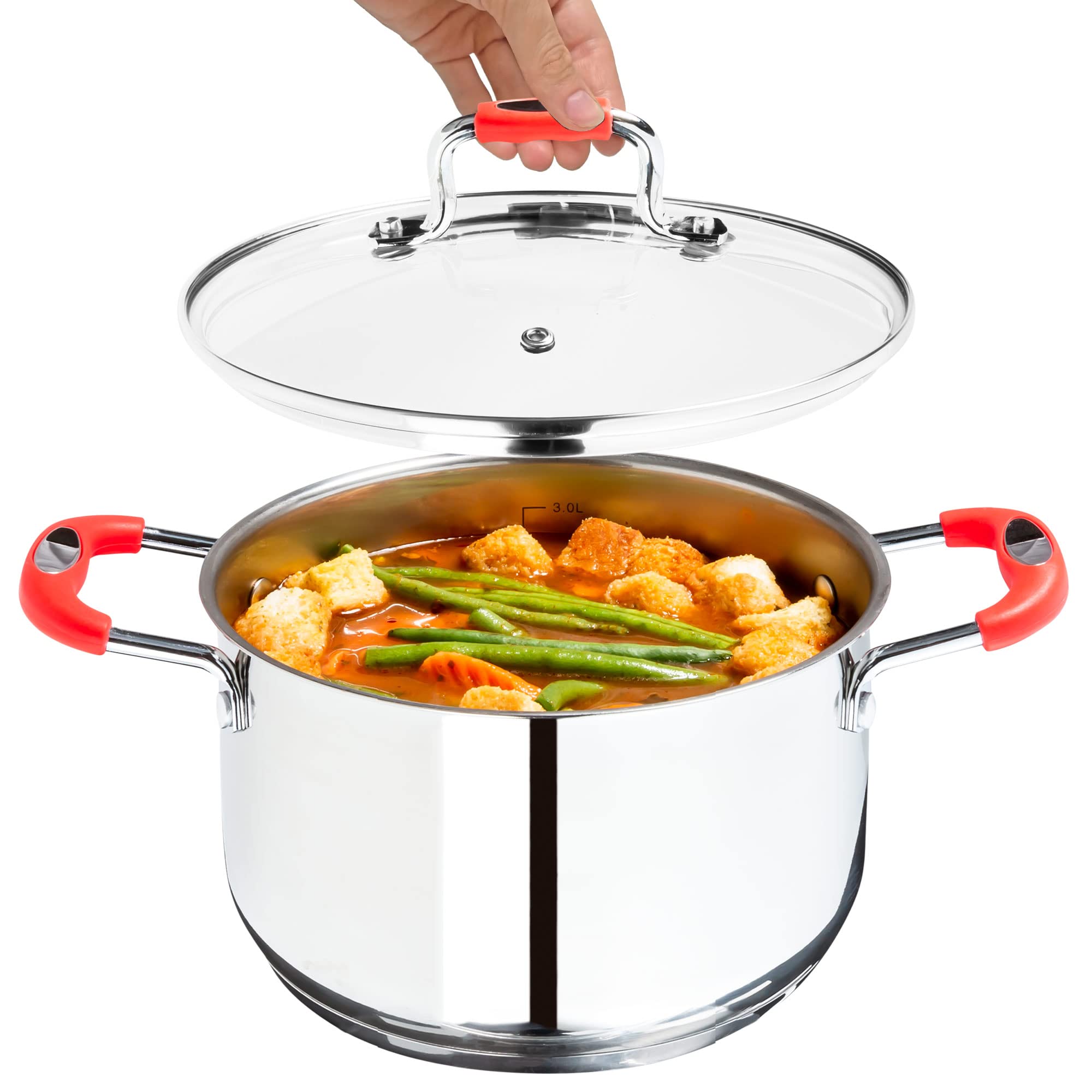Millvado 4 Quart Stainless Steel Stock Pot with Glass Lid - Induction Compatible Cooking Pot for Soup, Pasta & Stews - Perfect for Gas, Electric & Induction Stoves - Durable Kitchen Essential with Steam Hole & Measurement Markings