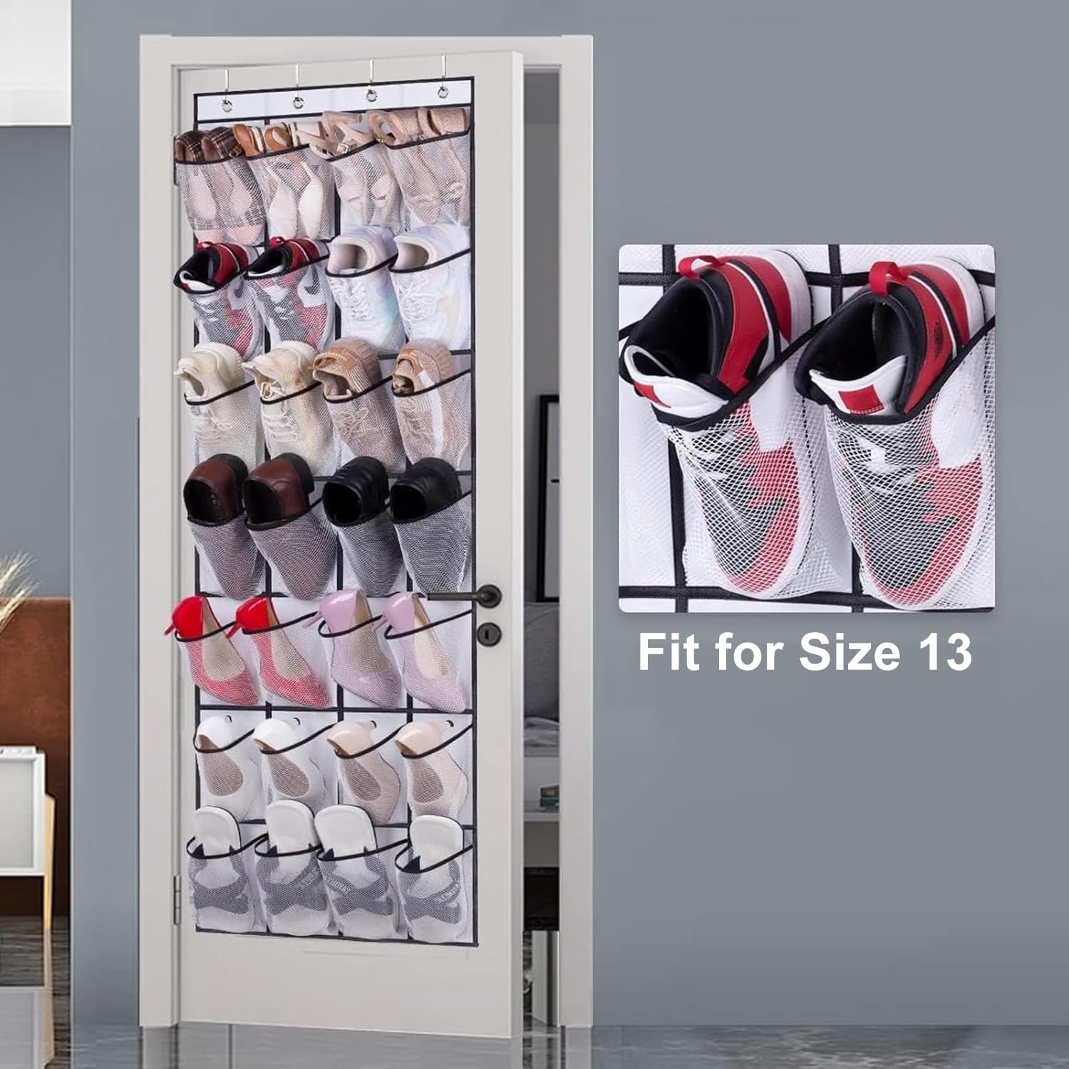 MISSLO 28 Large Pockets Over The Door Shoe Organizer - Hanging Mesh Shoe Rack for Closet Door Storage, Space Saving Shoe Holder (White) - Perfect for Bedrooms, Dorm Rooms & Entryway Organization