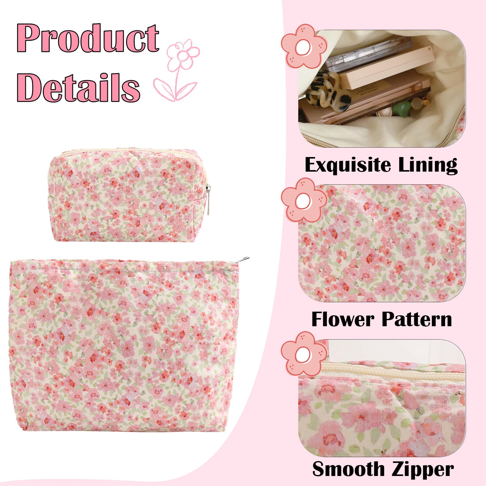 LYDZTION 2PCS Floral Makeup Bags for Women - Small Travel Toiletry Cosmetic Bag Set with Bow Design, Portable Zipper Pouch for Makeup, Jewelry & Essentials (Carnation Pink) - Perfect for Travel, Gym & Daily Organizer