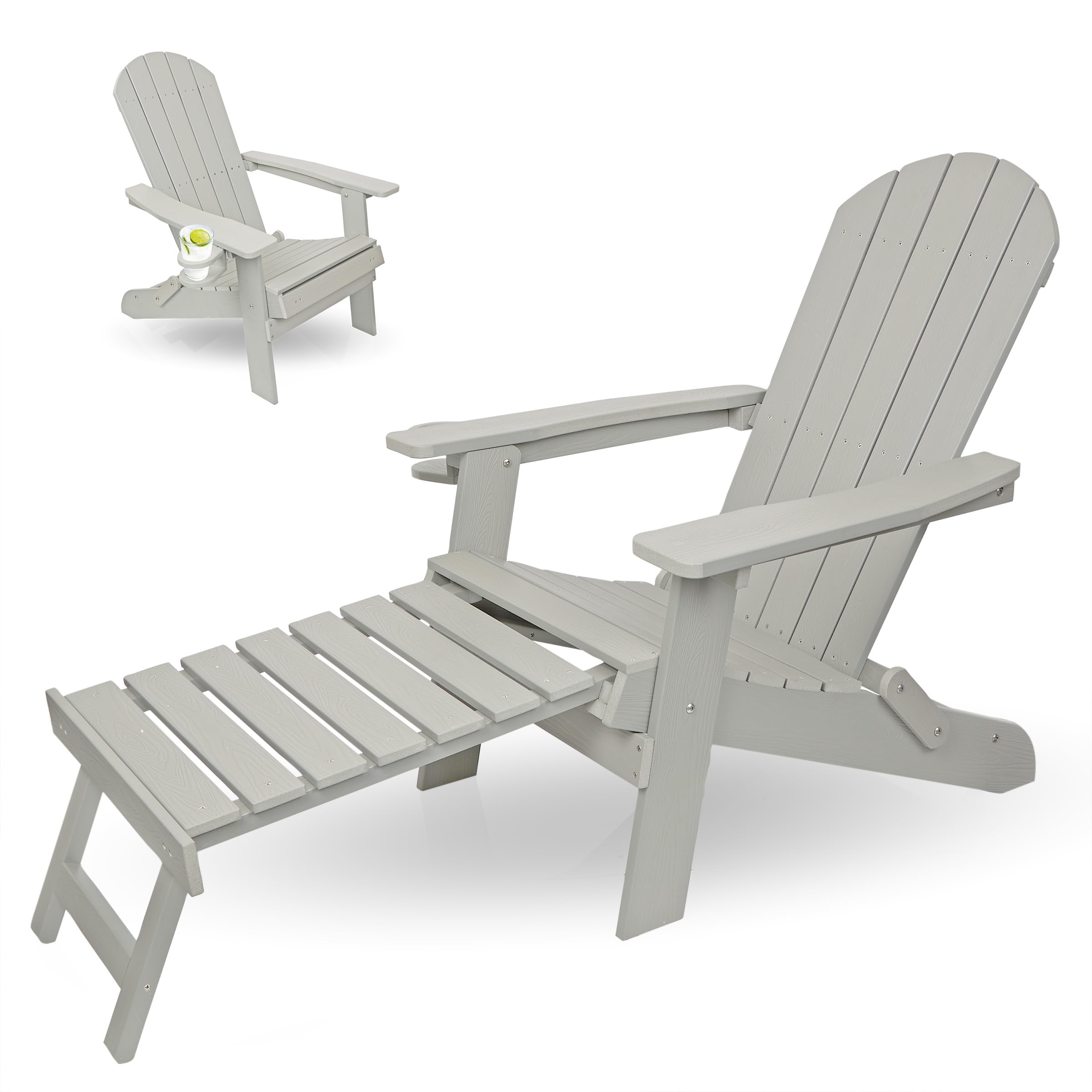 Alpine Corporation MFW104LGR Folding Adirondack Chair with Cup Holder & Ottoman - Outdoor Patio Furniture for Garden, Deck, Poolside & Backyard Relaxation - 38 Inch Height, Gray
