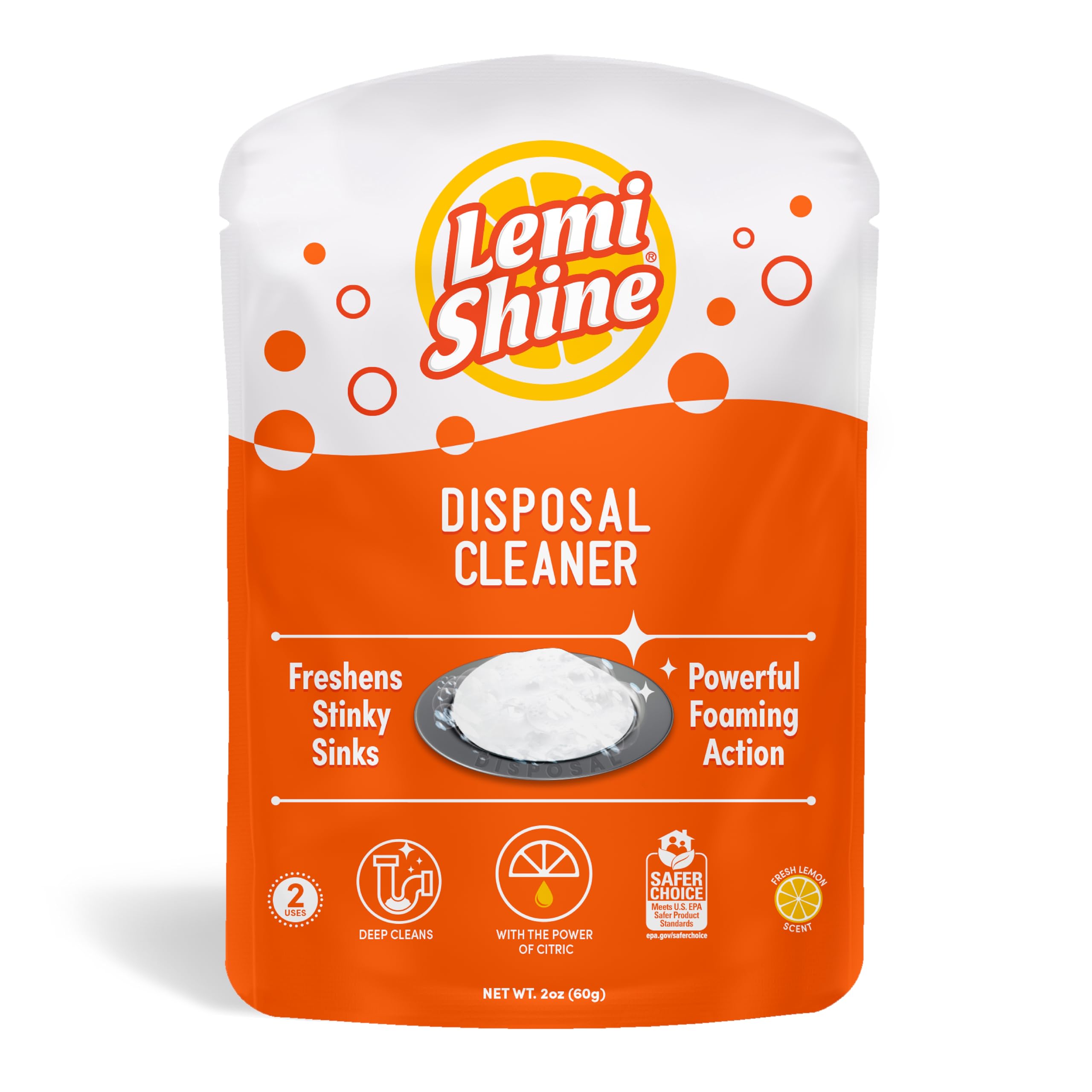 Lemi Shine Natural Lemon Scent Garbage Disposal Cleaner & Deodorizer - Citric Acid Foam Cleaner for Kitchen Sink Drain (2 Pack) | Eliminate Odors & Keep Disposal Fresh | Perfect for Daily Cleaning & Maintenance