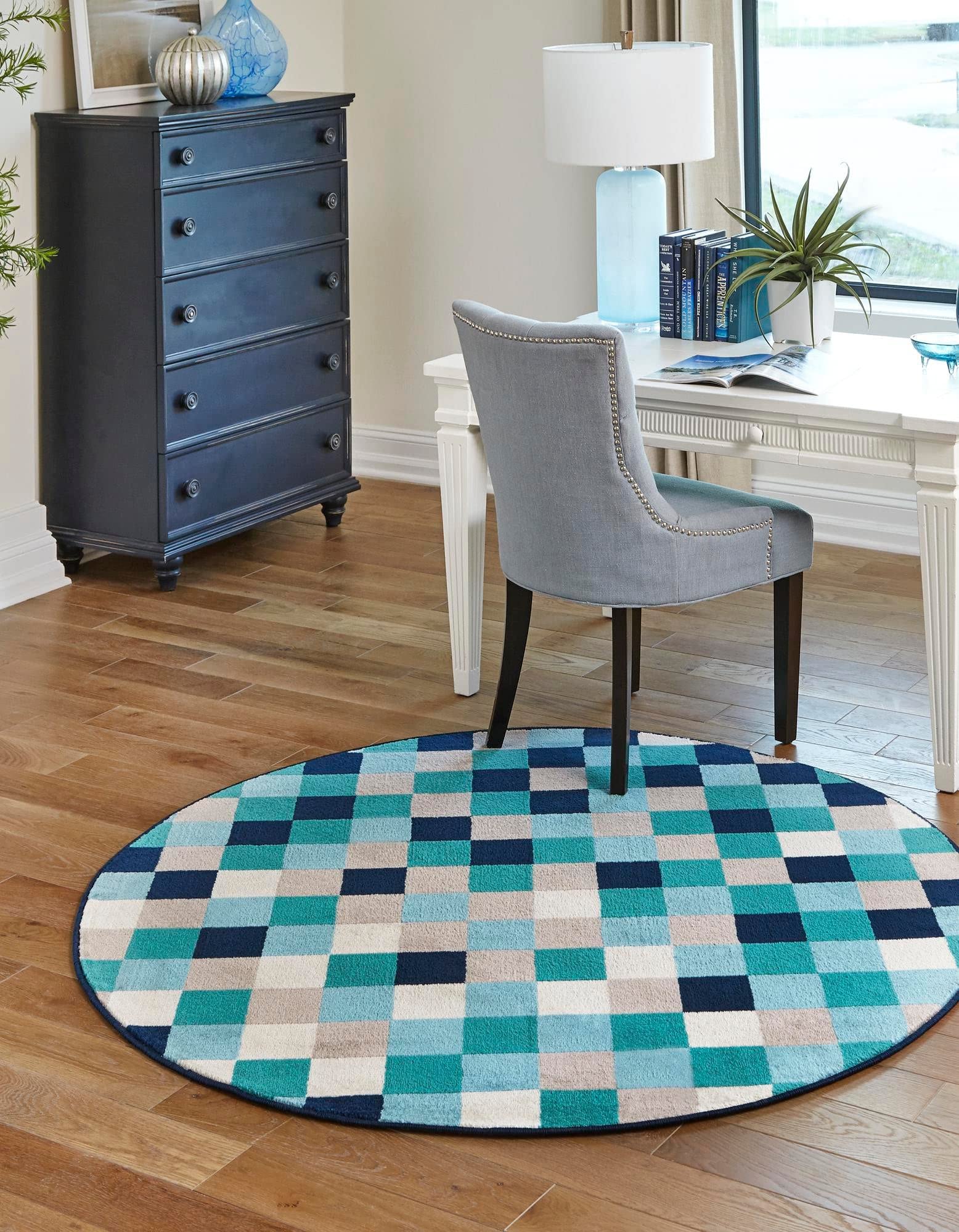 Unique Loom Azalea Collection 7' Round Area Rug - Teal & Navy Blue Floral Design for Living Room, Bedroom, or Office Decor