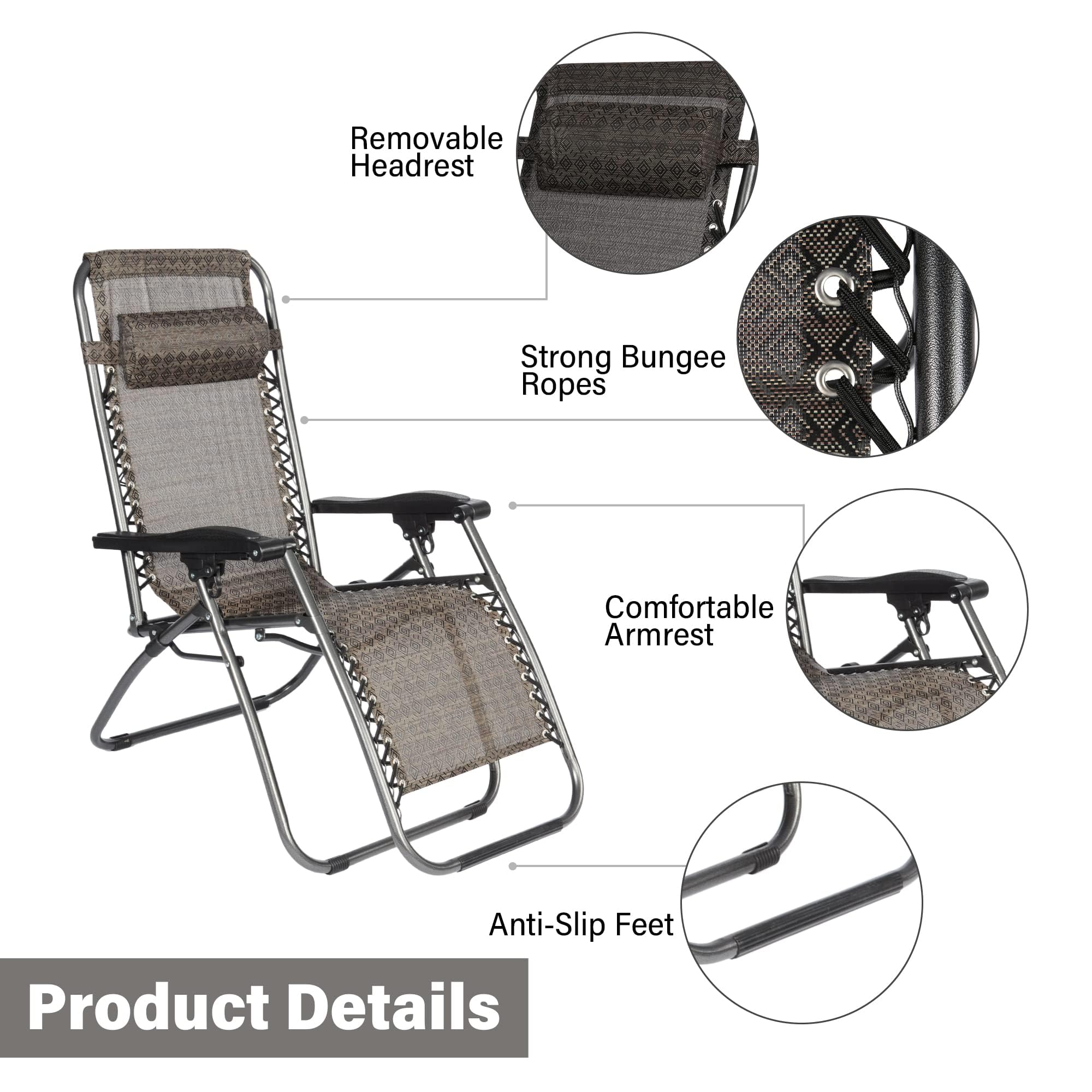 LUCKYERMORE Adjustable Textilene Zero Gravity Chairs Set of 2 - Diamond Design Outdoor Folding Recliners with Pillow, 300 LBS Capacity - Perfect for Poolside, Beach, Patio, Backyard & Camping (Grey & Brown)