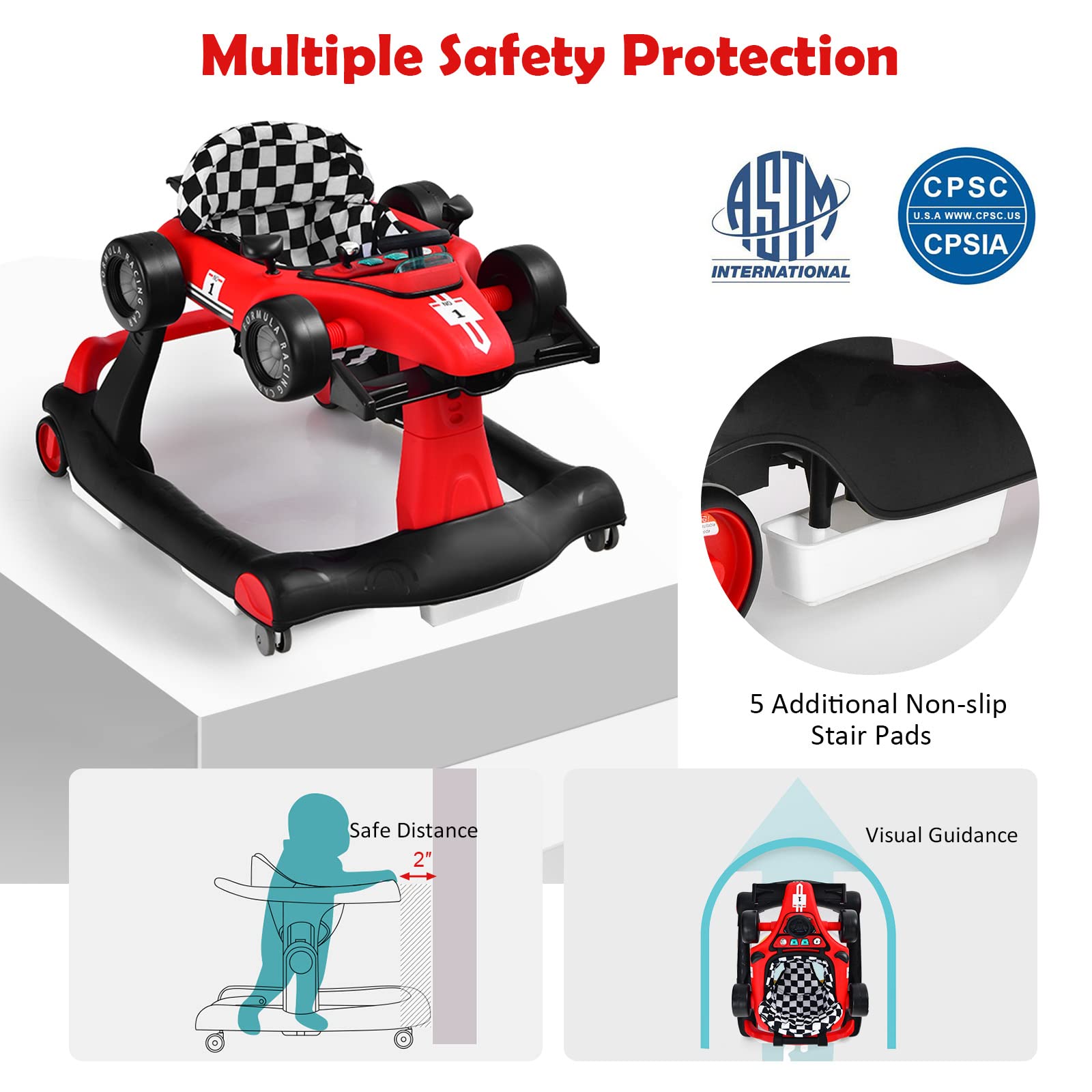 HONEY JOY 4-in-1 Baby Activity Walker with Adjustable Height & Speed - Foldable Push Walker with Music, Lights & Padded Seat for Infants 6-18 Months - Perfect for Learning to Walk & Indoor Play (Red)