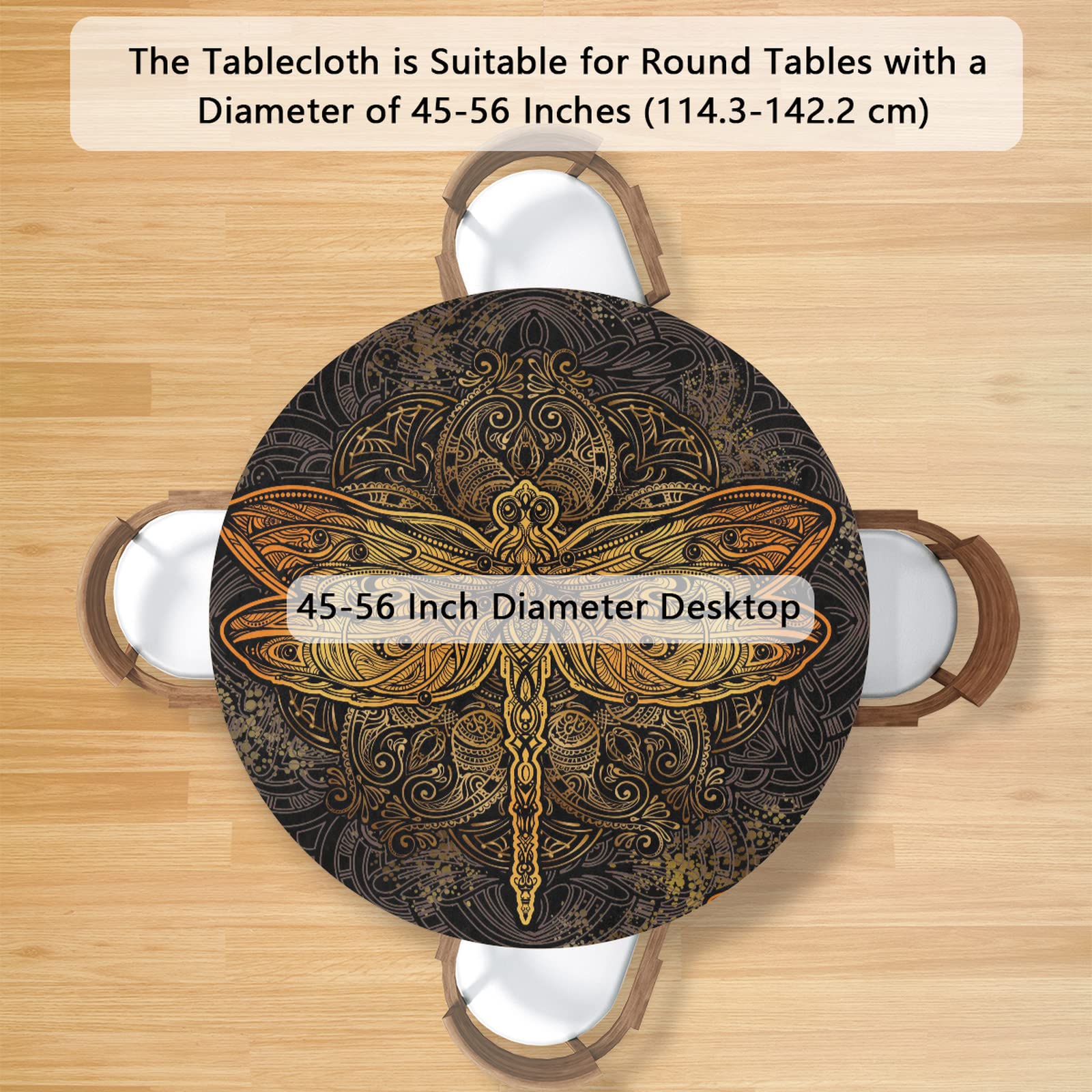 Pardick Golden Dragonfly Round Elastic Tablecloth - Waterproof & Wipeable Fitted Table Cover for 45” to 56” Round Tables - Perfect for Dining Room, Outdoor Patio, and Special Occasions