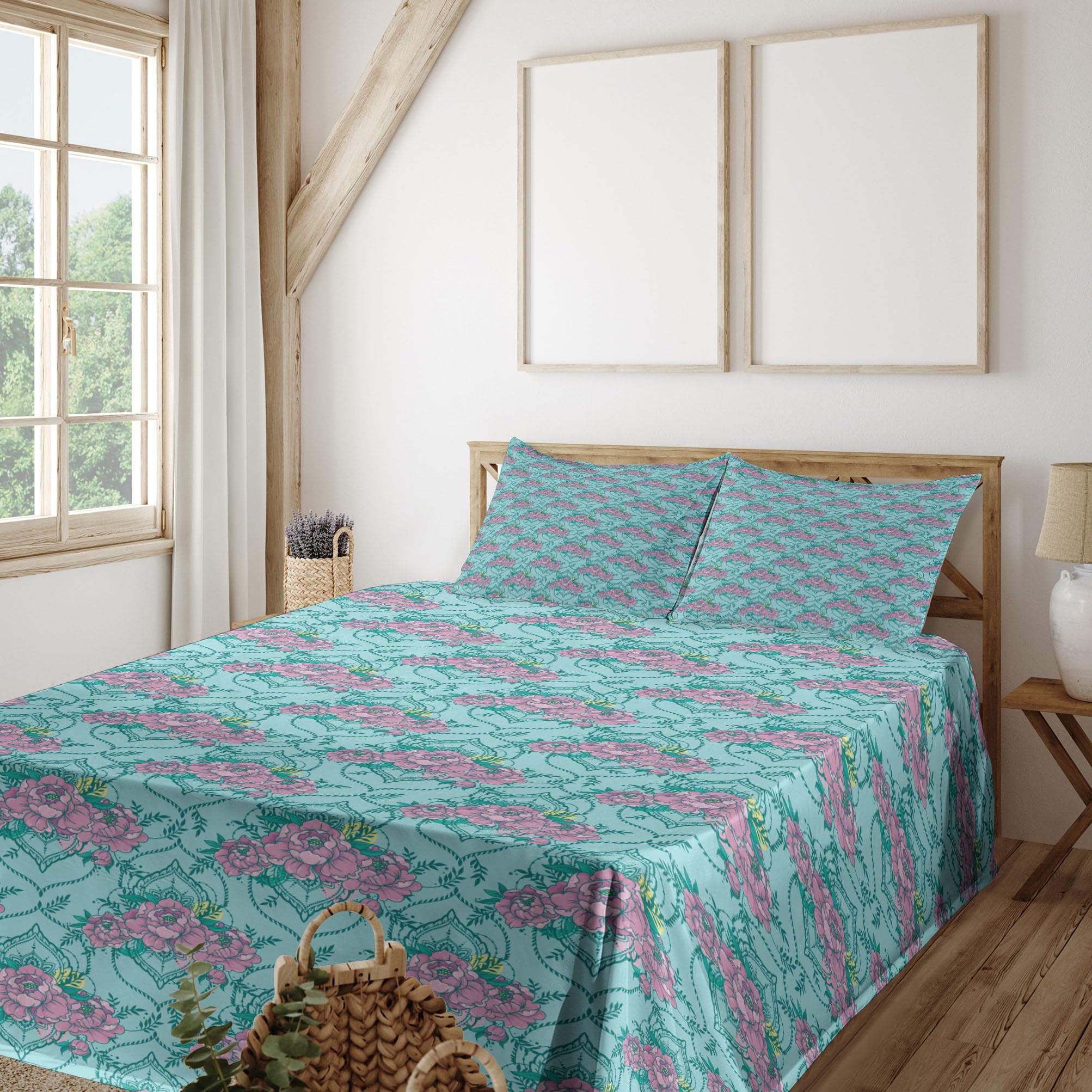 Ambesonne Floral King Size 4-Piece Sheet Set - Peony Design on Teal Blue Background, Soft Bedding with Fitted Sheet, Flat Sheet & 2 Pillowcases (Fuchsia & Teal) | Perfect for Spring Decor, Master Bedroom, Guest Room & Cozy Home Styling