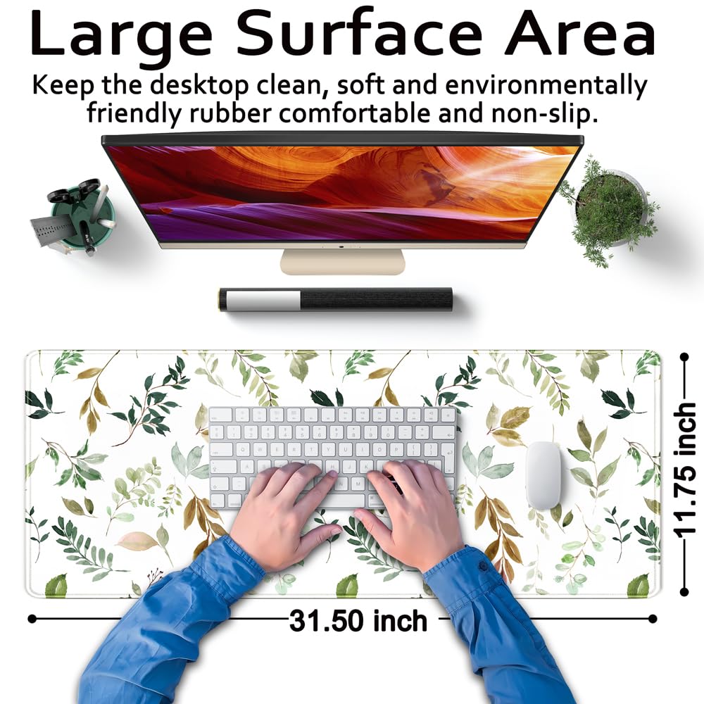 Minimalist Green Keyboard Pad with Nature Dot & Woodsy Leaves Design - Extra Large 31.5x11.8in Mouse Pad for Office, Gaming & Nursery Decor - Non-Slip Computer Laptop Desk Mat with Stitched Edges - Perfect for Workstations, Home Offices & Gaming Setups