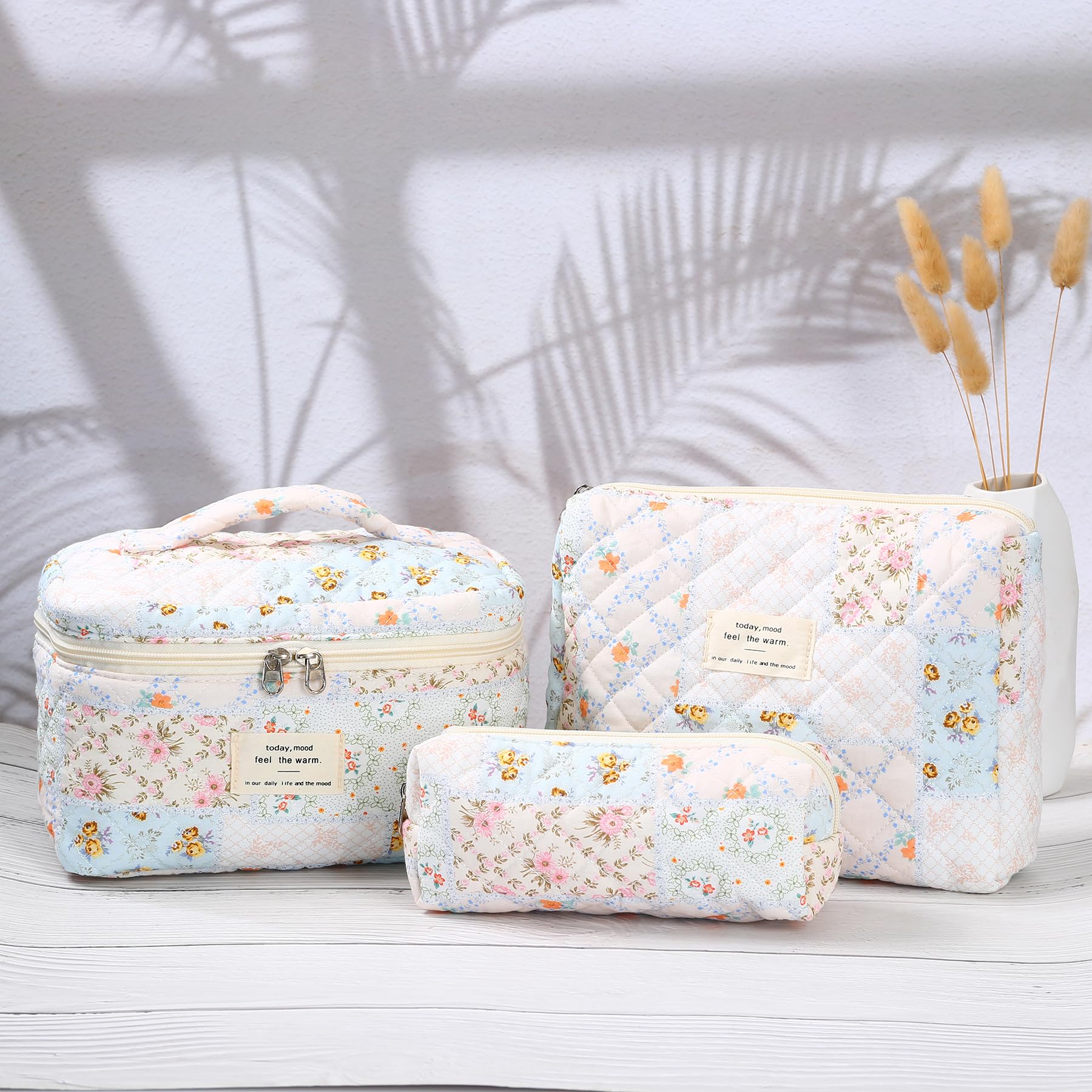 3Pcs Floral Makeup Bag Set - Large Quilted Cotton Cosmetic Organizer for Women | Travel & Daily Use