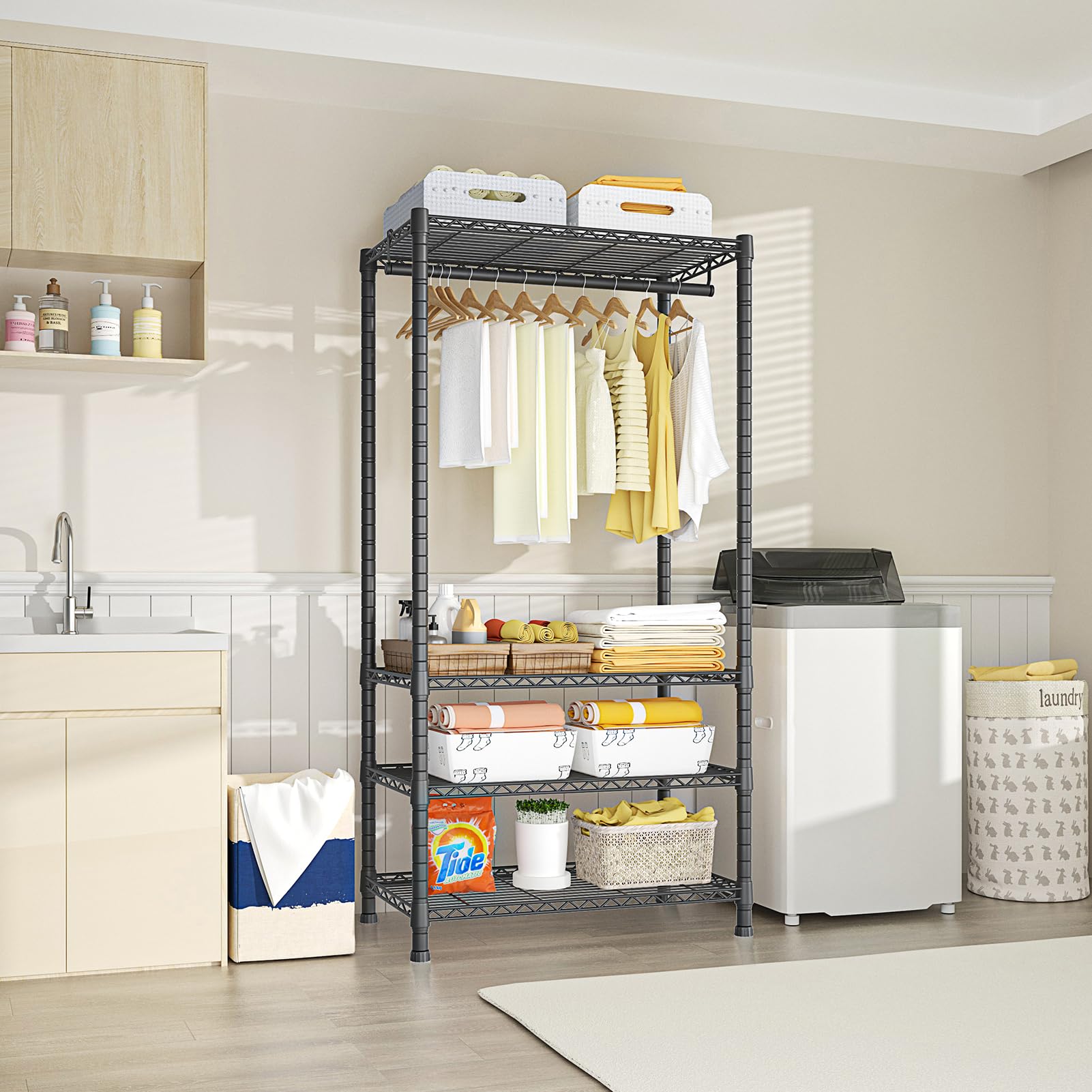 Heavy Duty 4-Tier Freestanding Clothes Rack with Shelves - 500LB Capacity Metal Garment Organizer for Closet Storage & Wardrobe System - Perfect for Bedroom, Laundry Room or Commercial Use - Black