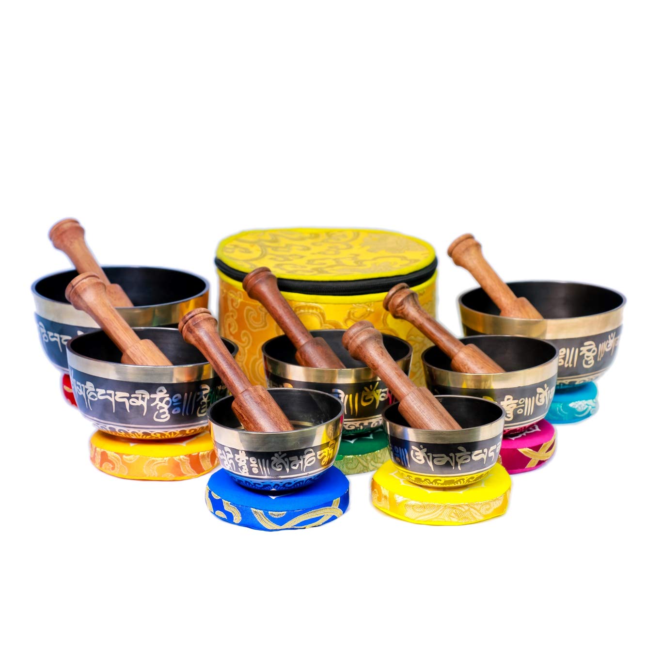 Authentic Tibetan Singing Bowl Set - 7 Chakra Healing Meditation Bowls from Nepal (Hand-Painted Black) for Yoga, Sound Therapy & Spiritual Healing