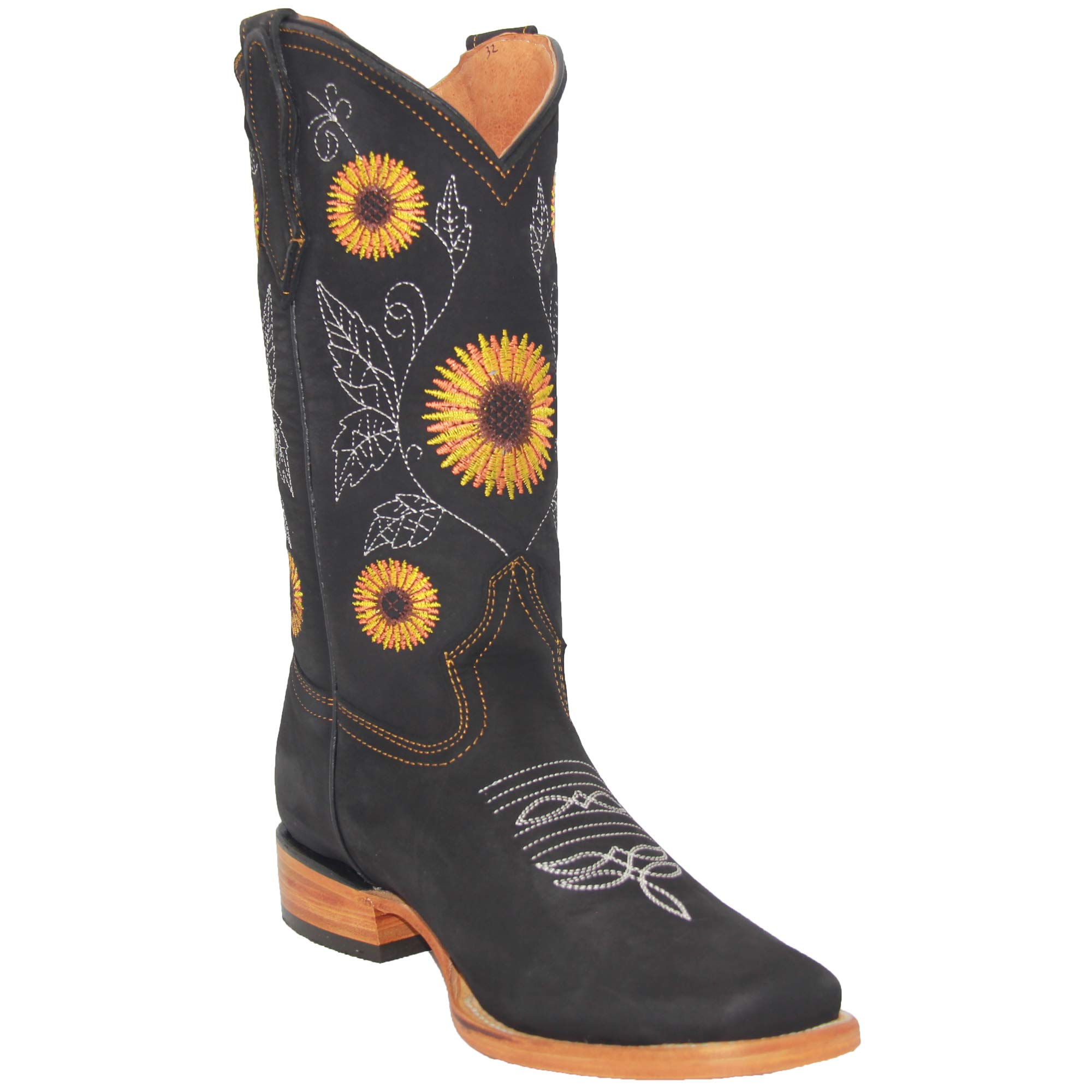 Women's Cowboy Square Toe Leather Boots with Sunflower Embroidery - Western Style Ankle Boots for Country Rodeo, Line Dancing & Fashion Outfits