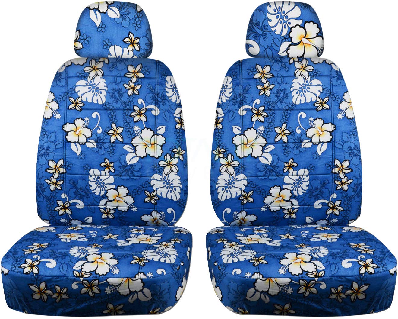 Hawaiian Floral Print Car Seat Covers with 2 Headrest Covers - Blue Flower Design, Semi-Custom Fit for Cars, Trucks, Vans, RVs & SUVs (6 Patterns) - Perfect for Beach Trips, Summer Road Travel and Tropical-Themed Vehicle Decor