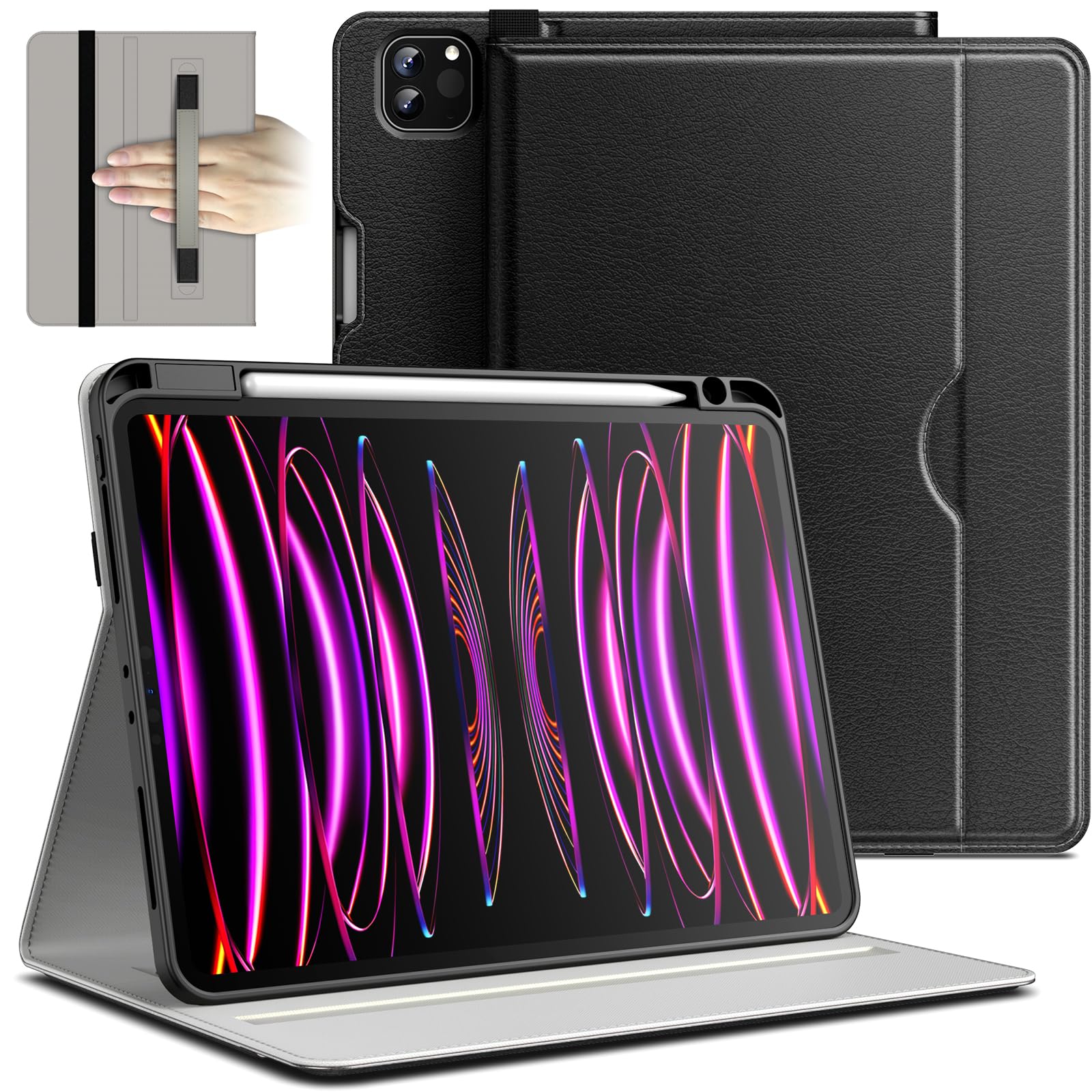 JETech iPad Pro 11-Inch Case (2020-2022 Models) - Premium PU Leather Folio Cover with Hand Strap, Apple Pencil Holder, Storage Pocket & Multi-Angle Stand for iPad Pro 4th/3rd/2nd Gen - Perfect for Work, School & Travel (Black)