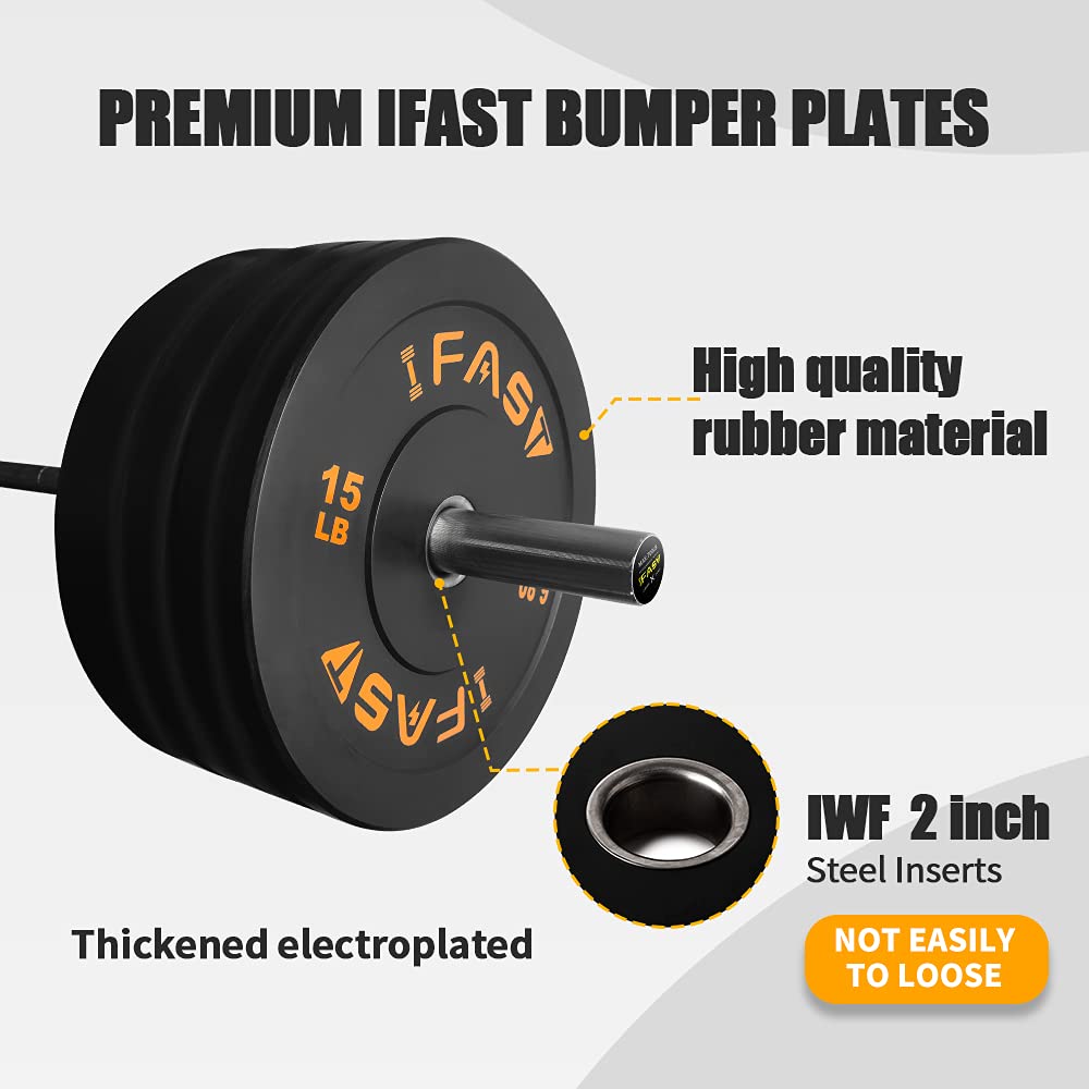 IFAST Olympic Weight Plates Set 370LB - Color Coded Rubber Bumper Plates with 2-Inch Steel Hub for Strength Training, Weightlifting & Home Gym | Perfect for CrossFit, Powerlifting & Functional Fitness Workouts