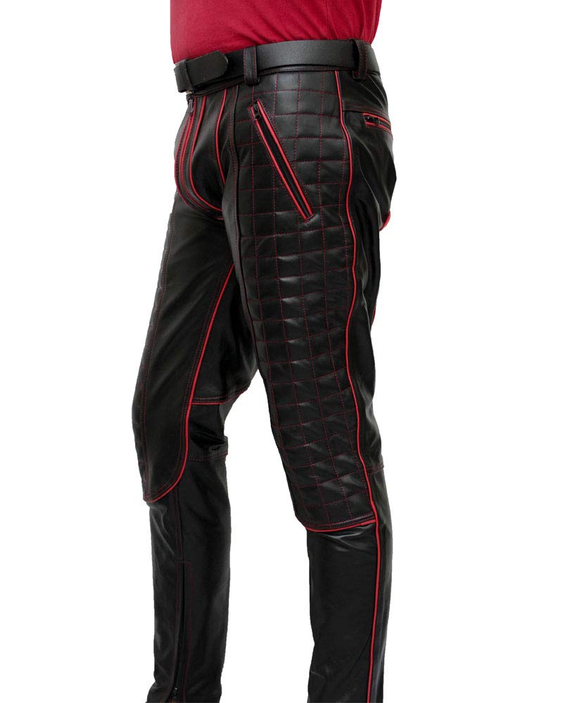 Men's Genuine Cowhide Leather Biker Pants - Thick & Soft Motorcycle Riding Pants with Quilted Panels, Contrast Color Piping - Perfect for Harley Davidson Riders & Cruising