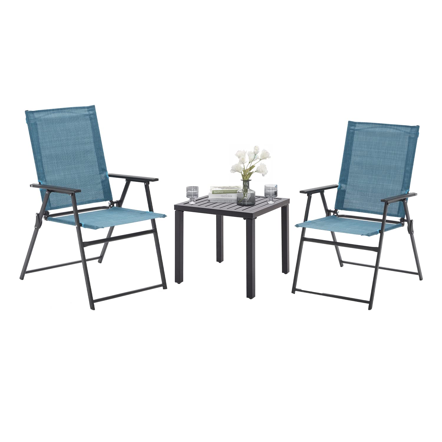 VICLLAX 3-Piece Folding Textilene Bistro Set - Patio Outdoor Furniture with 2 Lawn Chairs & Coffee Table, Turquoise Blue - Perfect for Garden, Backyard, Poolside & Balcony Relaxation
