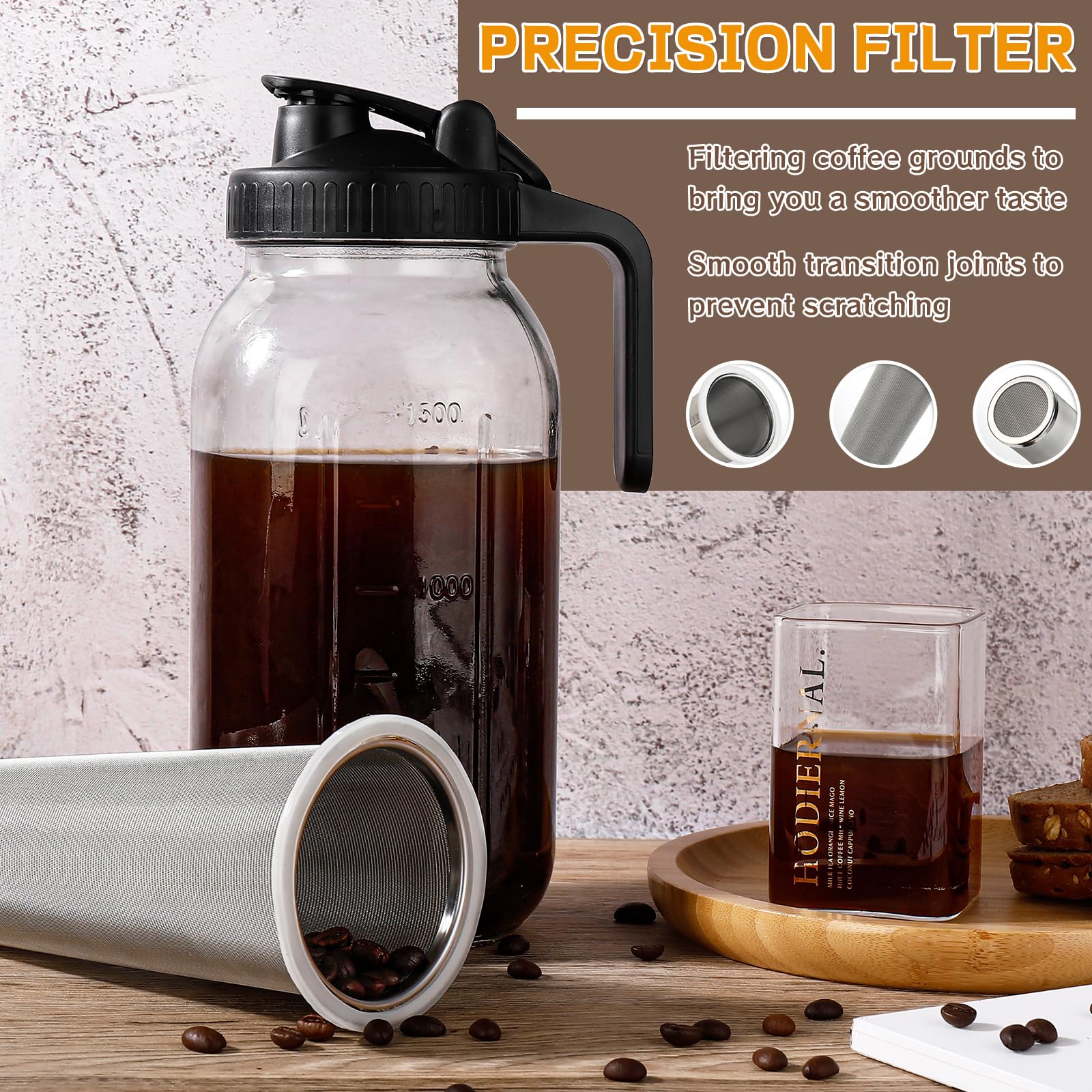 Premium DWTS DANWEITESI 64 oz Cold Brew Coffee Maker - 2-Quart Wide Mouth Mason Jar Pitcher with Stainless Steel Filter, Lid & Spout - Perfect for Iced Coffee, Cold Brew Concentrate & Homemade Coffee Drinks at Home, Office or Camping