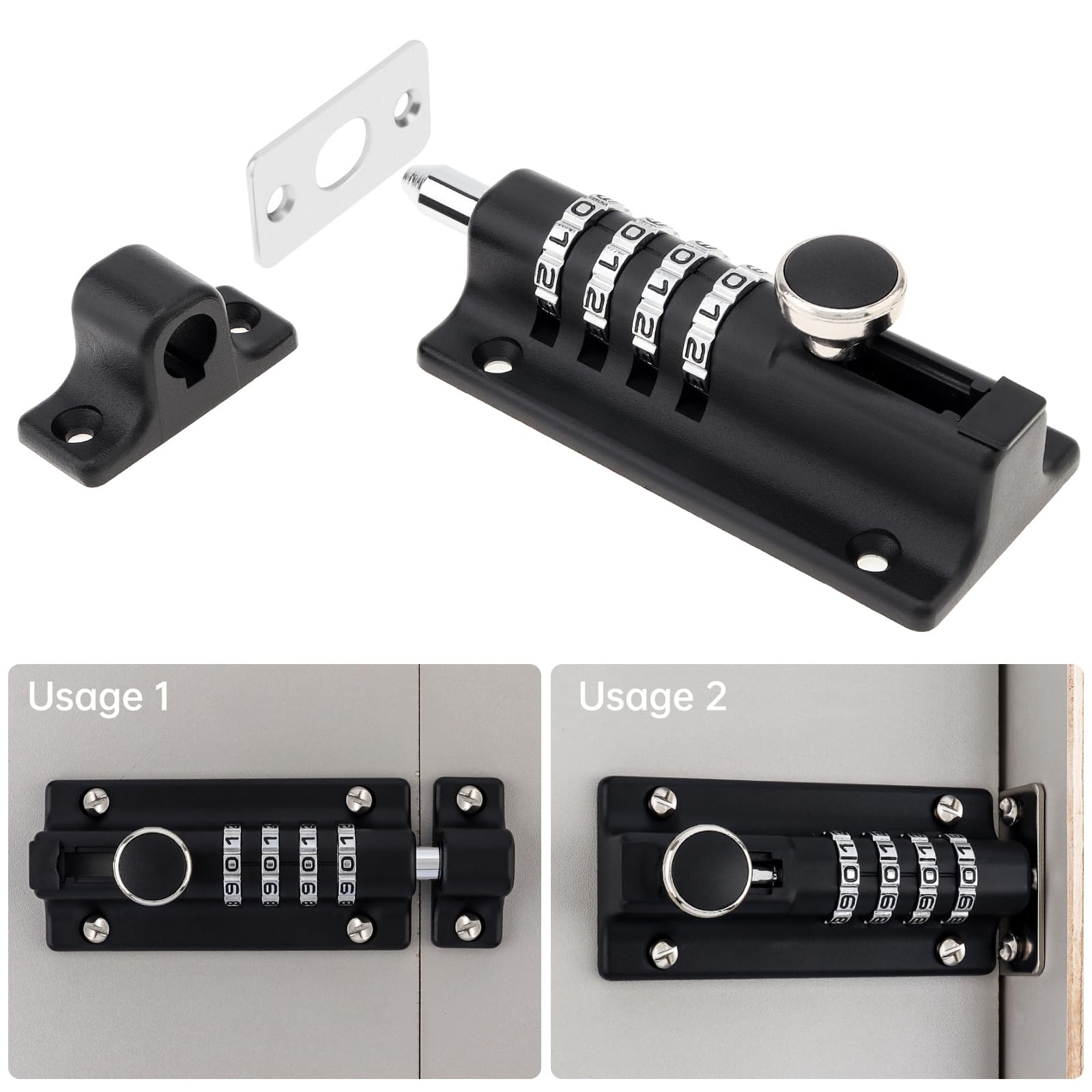 4 Digit Combination Slide Bolt Lock - Heavy Duty Zinc Alloy Security Latch for Shed, Gate & Fence Doors | Keyless Entry Door Lock | Weatherproof & Rust-Resistant Black Finish | Perfect for Home Security, Storage Units & Outdoor Use