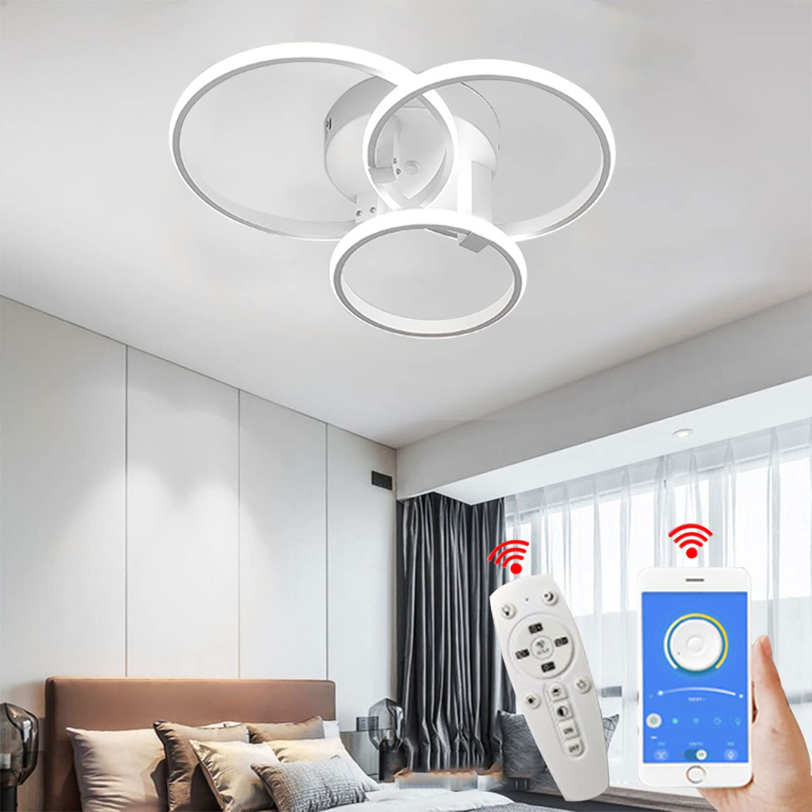 Modern Dimmable LED Ceiling Light - 3-Head Acrylic Chandelier Flush Mount Lighting Fixture for Living Room, Bedroom, Dining Room, Kitchen & Office - Energy Efficient Circle Ring Design for Home Decor & Ambient Lighting