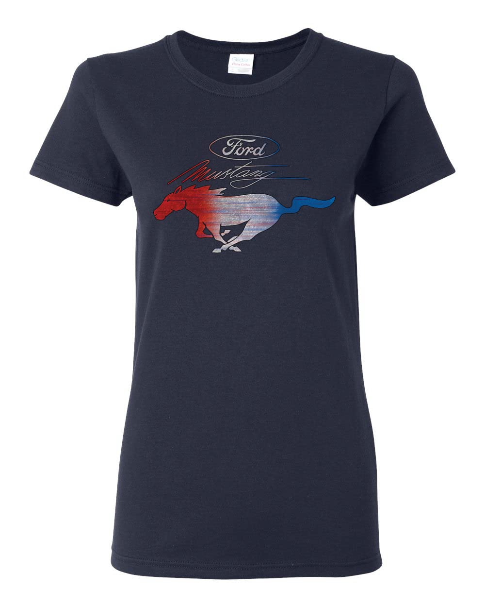 Ford Mustang Graphic T-Shirt for Women - USA Flag & Mustang Emblem Design - Casual Car Enthusiast Tee for Road Trips & Car Shows