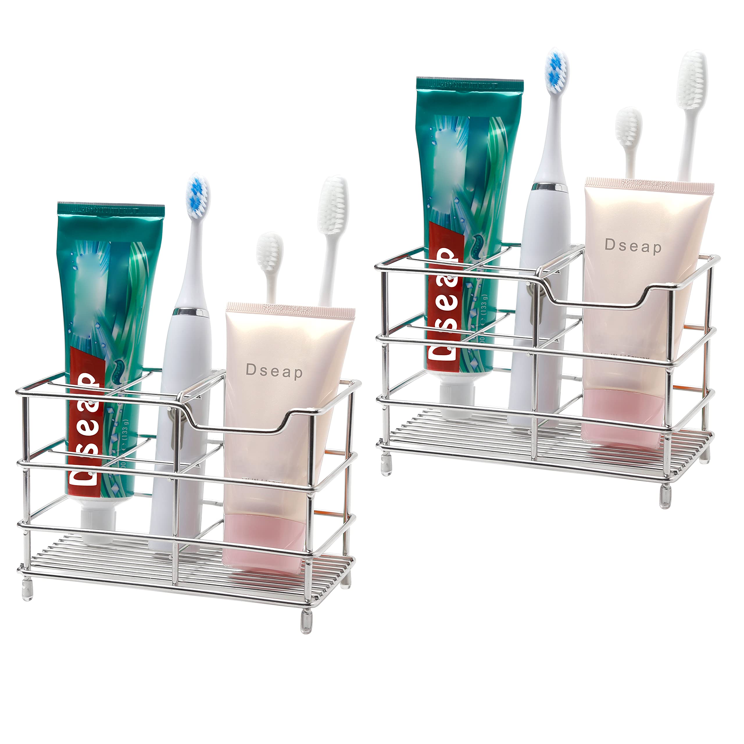 Stainless Steel Toothbrush Holder & Toothpaste Organizer Stand - 2 Pack Silver Bathroom Caddy for Electric & Manual Toothbrushes | Perfect for Countertop, Vanity & Travel Use
