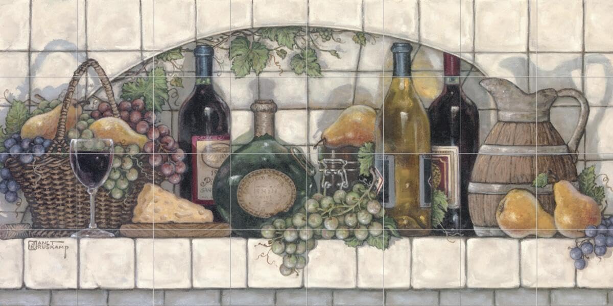 Wine Themed Ceramic Backsplash Tile Mural - Kitchen & Pantry Decor with Grapes, Fruit & Cheese Design by Janet Kruskamp - Perfect for Wine Cellars, Kitchen Remodels & Dining Room Accent Walls