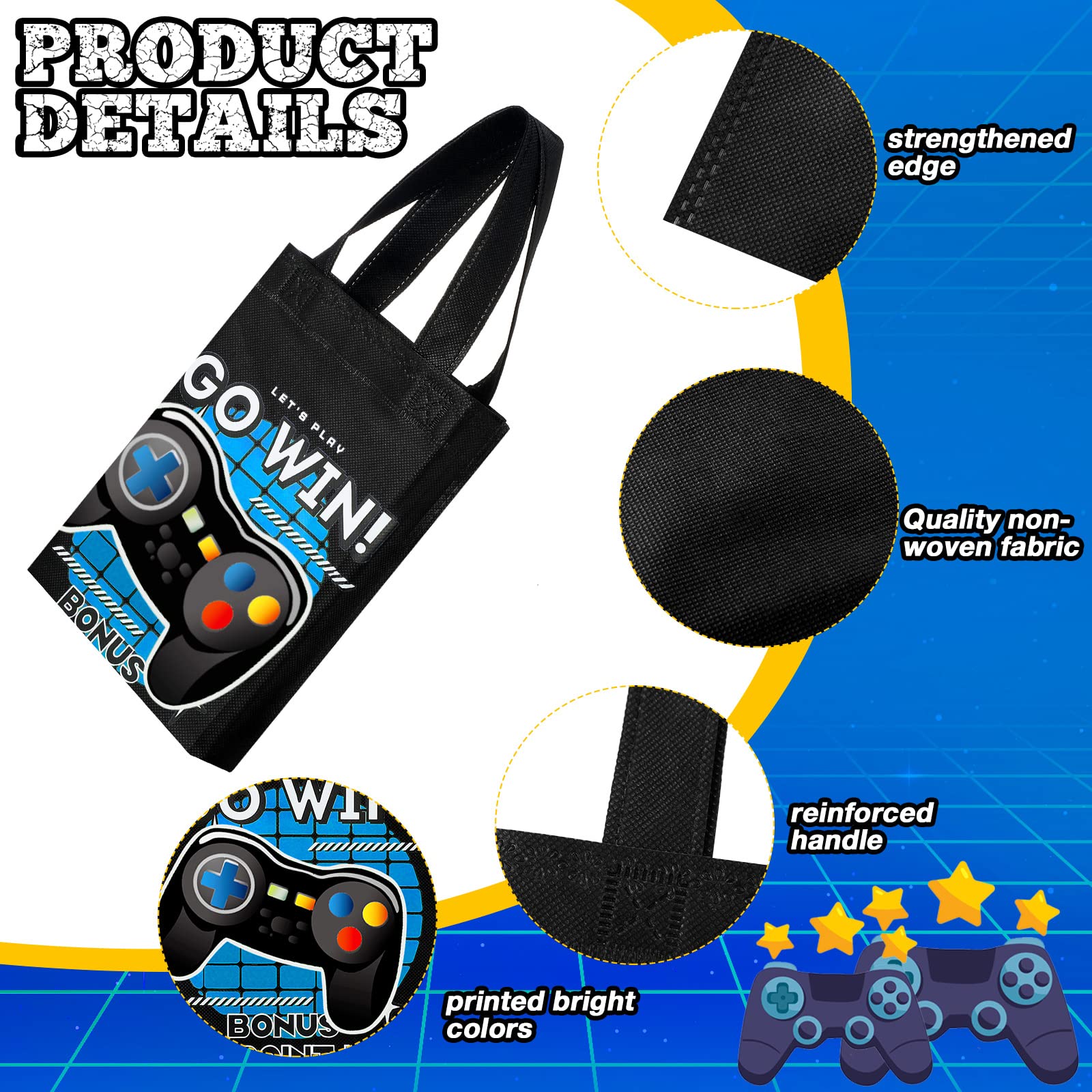 24 Pack Video Game Themed Gift Bags - Reusable Party Favors with Handles for Birthday, Baby Shower & Game Night - Non-Woven Goody Treat Bags for Kids & Adults