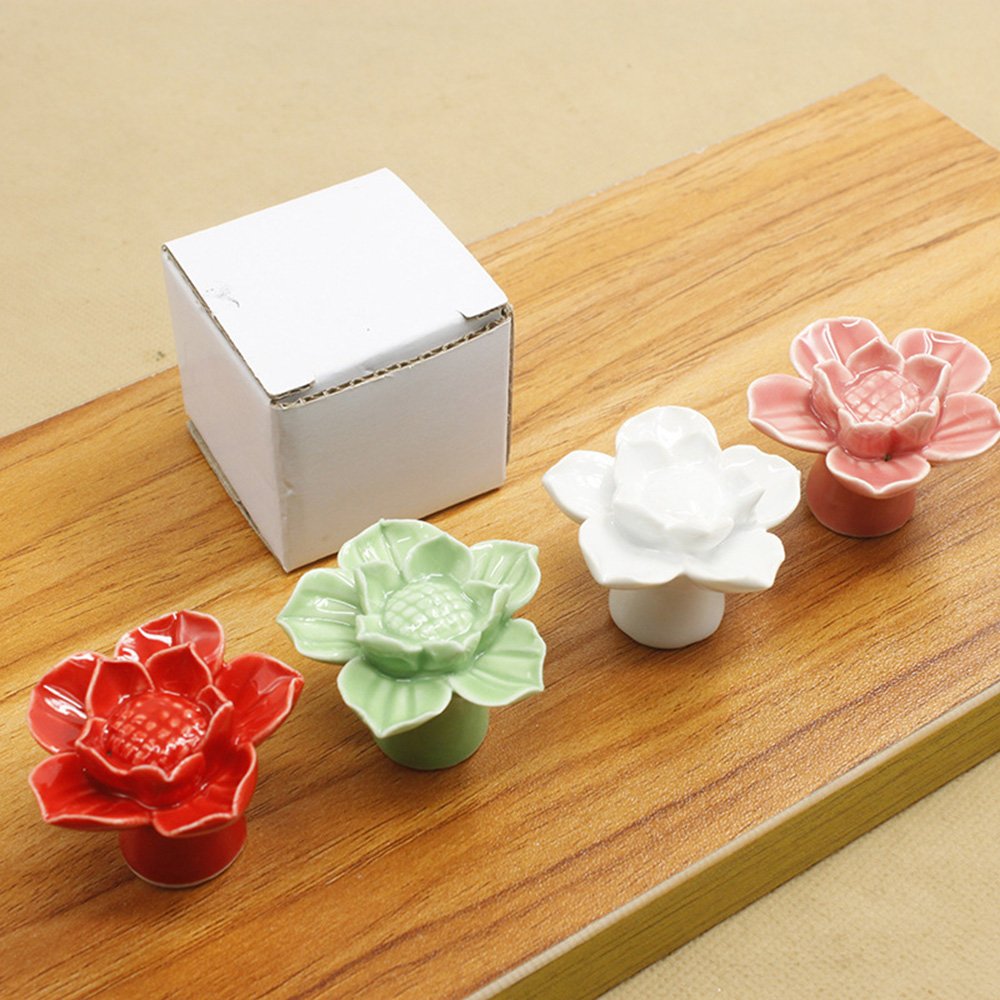 Ceramic Flower Drawer Knobs and Pulls - Pack of 6 White Cabinet Handles for DIY Furniture, Dresser, Cupboard & Bin Door - Perfect for Home Decor, Kitchen Cabinets & Bathroom Vanities