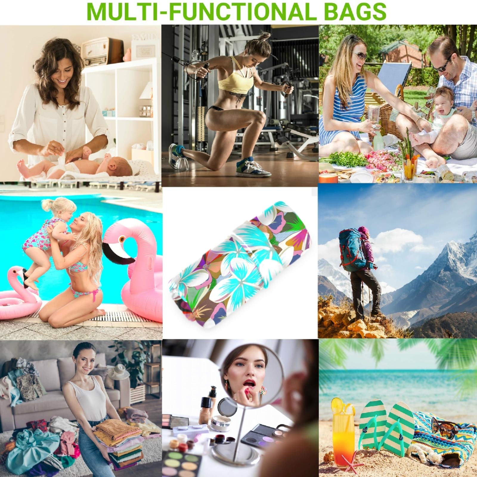 Visesunny 2-Pack Waterproof Wet Bags with Zippered Pockets - Tropical Floral Design Reusable Washable Storage for Swimsuits, Diapers & Gym Clothes - Perfect for Beach, Pool, Travel, Daycare & Stroller Organization