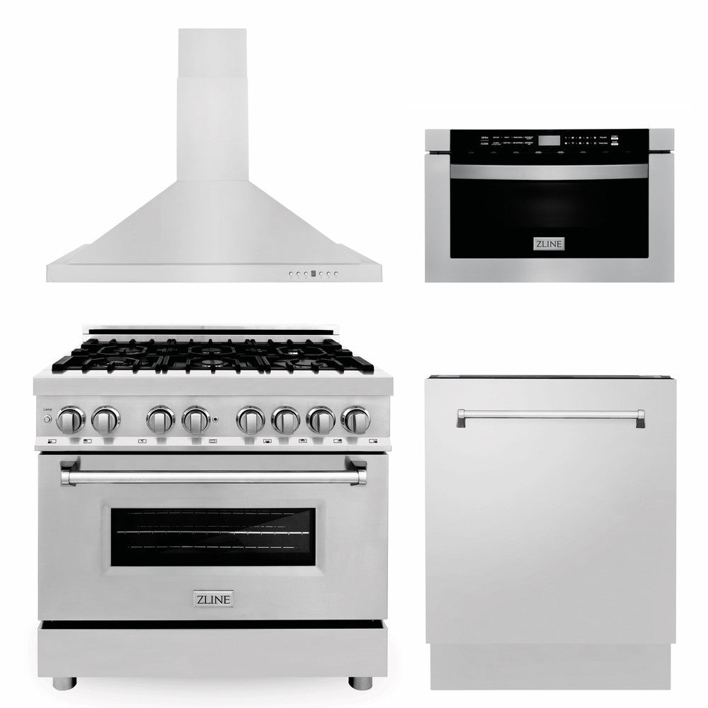 ZLINE 36 Inch Stainless Steel Kitchen Package - Dual Fuel Range, Range Hood, Microwave Drawer & Tall Tub Dishwasher (4KP RARH36 MWDWV) | Perfect for Modern Home Chefs & Open Concept Kitchens