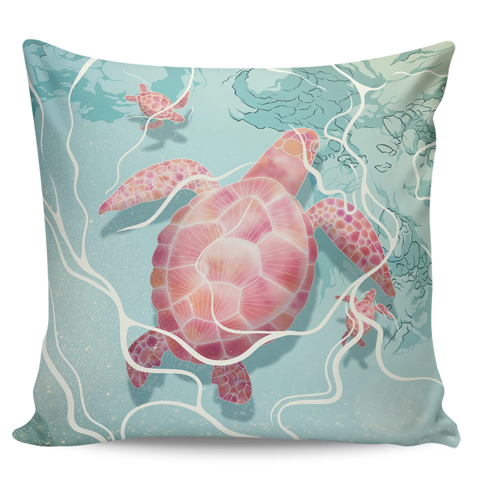 Sea Turtles Pillow Covers 16x16 Inches - Durable Canvas Decorative Square Throw Pillow Cases for Sofa, Couch & Bed - Pink Turtle Underwater World Marine Animal Design - Perfect for Coastal Home Decor, Beach House Living Room & Ocean-Themed Bedroom