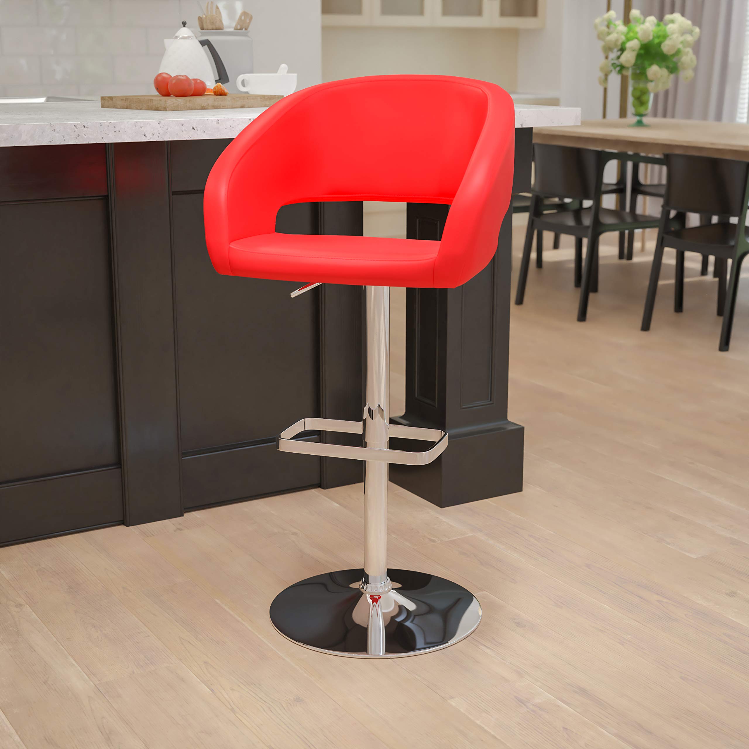 BizChair Red Vinyl Adjustable Height Bar Stool with Rounded Mid-Back - Perfect for Kitchen Islands, Home Bars & Counter Seating