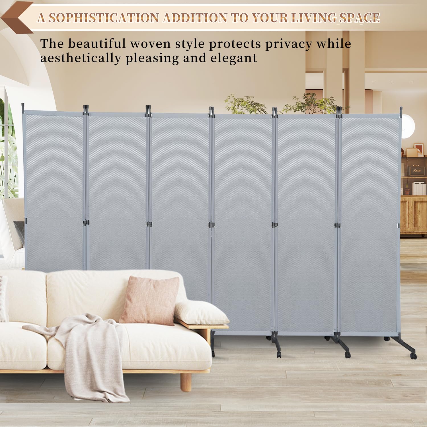 6-Panel Room Divider Screen with Wheels - Portable Freestanding Partition Wall for Studio, Office & Home Decoration - Grey Space Separator for Privacy, Room Division & Interior Design