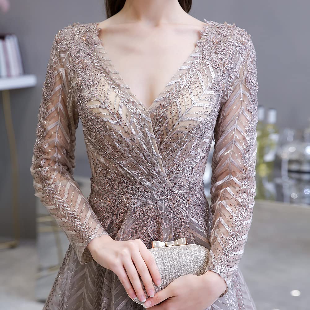 Elegant Long Sleeve Lace Evening Dress for Women - V Neck Crystal Beaded Formal Gown for Prom, Wedding, and Special Occasions