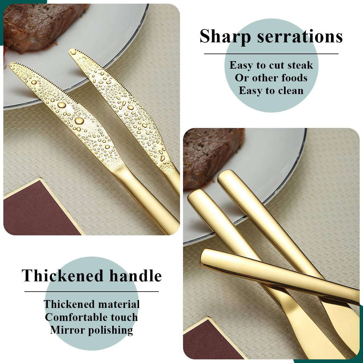 Evanda 12-Piece Gold Dinner Knives Set - Titanium Plated Stainless Steel Butter & Steak Knives - Elegant Flatware Silverware Cutlery Set - Dishwasher Safe - Perfect for Wedding, Restaurant & Fine Dining