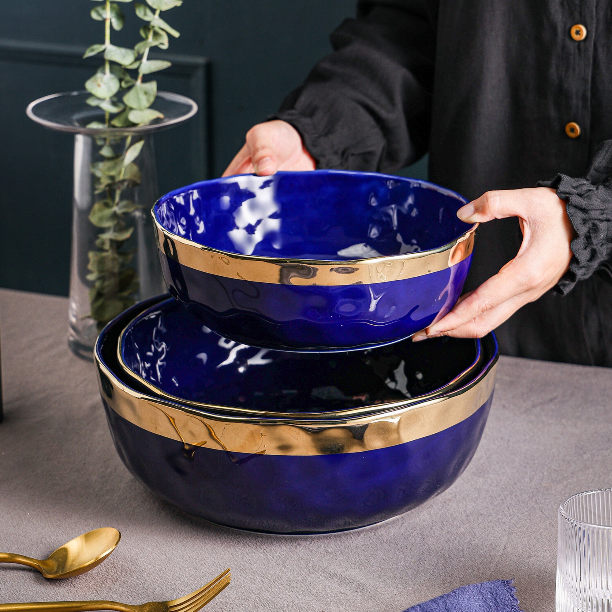 Florian Porcelain Dinner Bowl Set - 6-Piece Blue Ceramic Bowls for Soup, Salad & Dessert | Elegant Tableware for Home Dining & Entertaining
