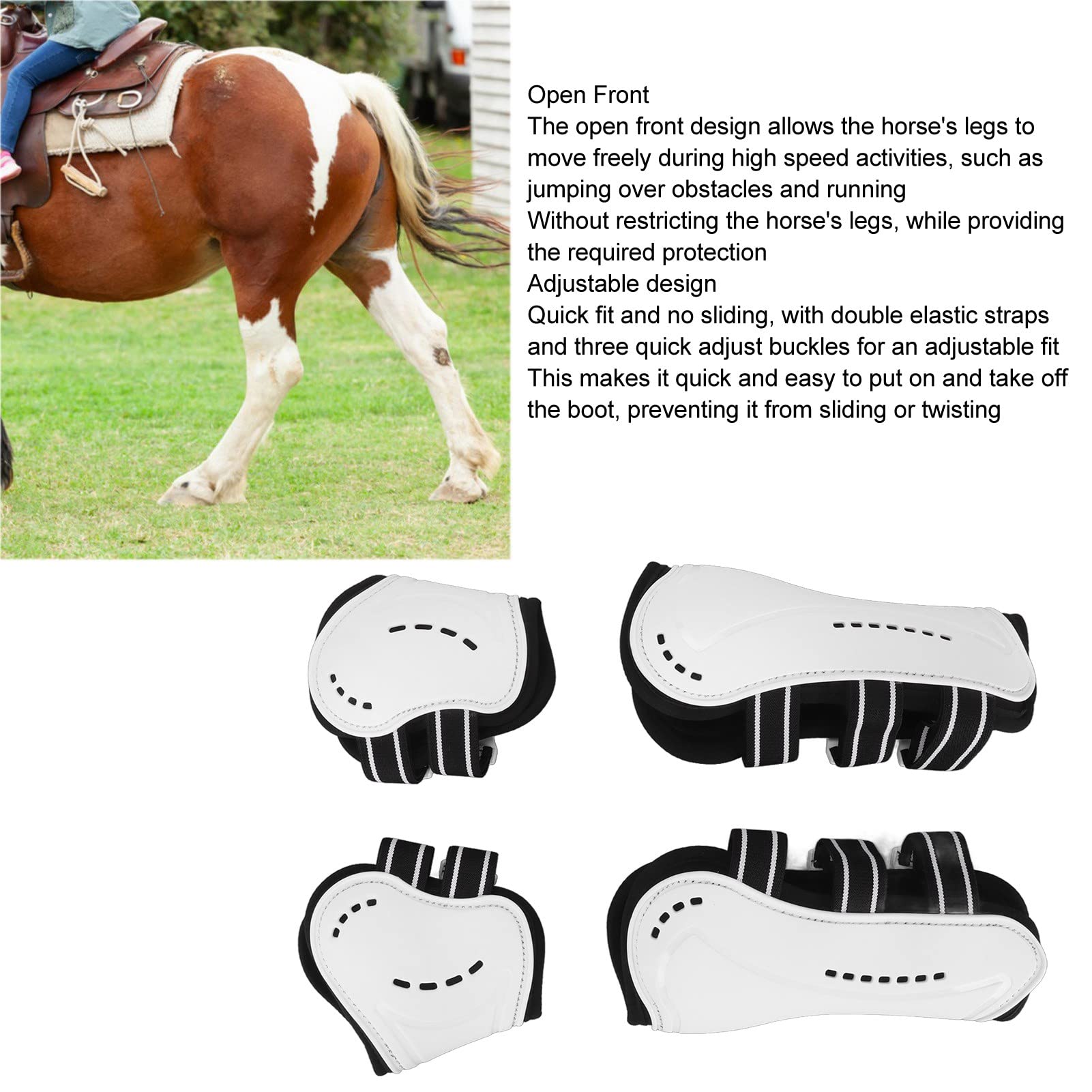 Shock Absorbing Adjustable Horse Tendon Boots - Open Front Jumping Fetlock Boots for Front & Hind Leg Protection (White, Set of 4) - Ideal for Show Jumping, Dressage & Equestrian Training