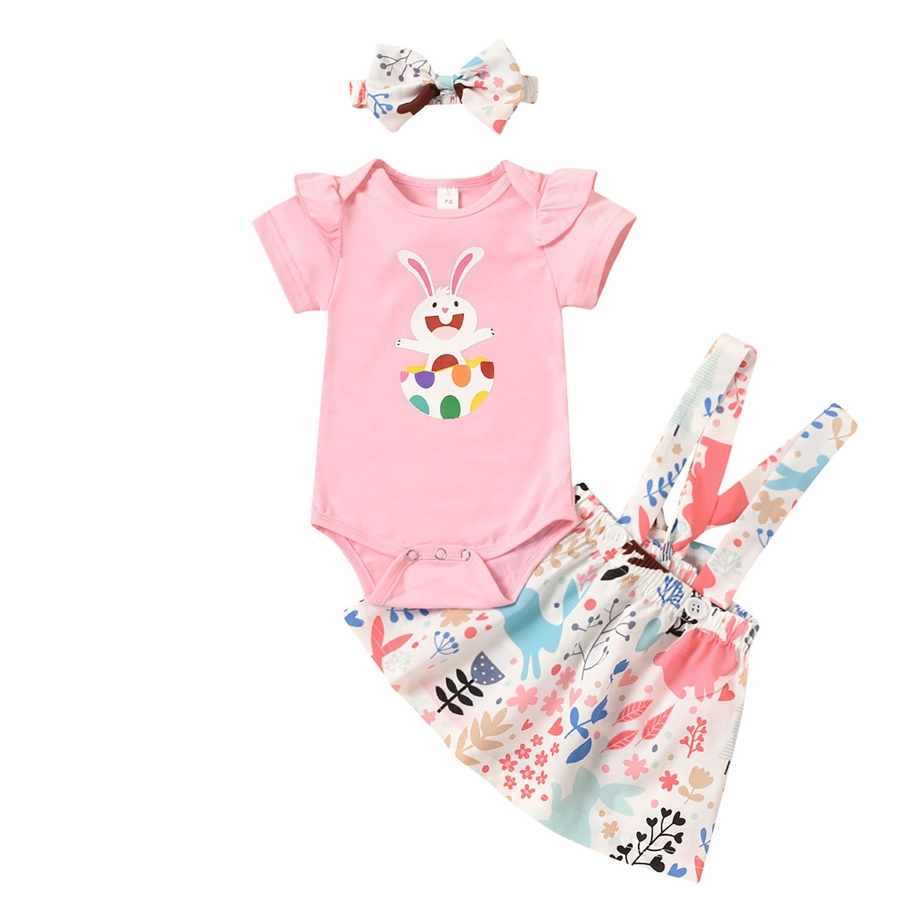 Easter Bunny Egg Outfit for Baby Girls - 3PCS Set with Ruffle Short Sleeve Romper, Suspenders Skirt & Headband - Cute Spring Photoshoot & Easter Sunday Dress Up