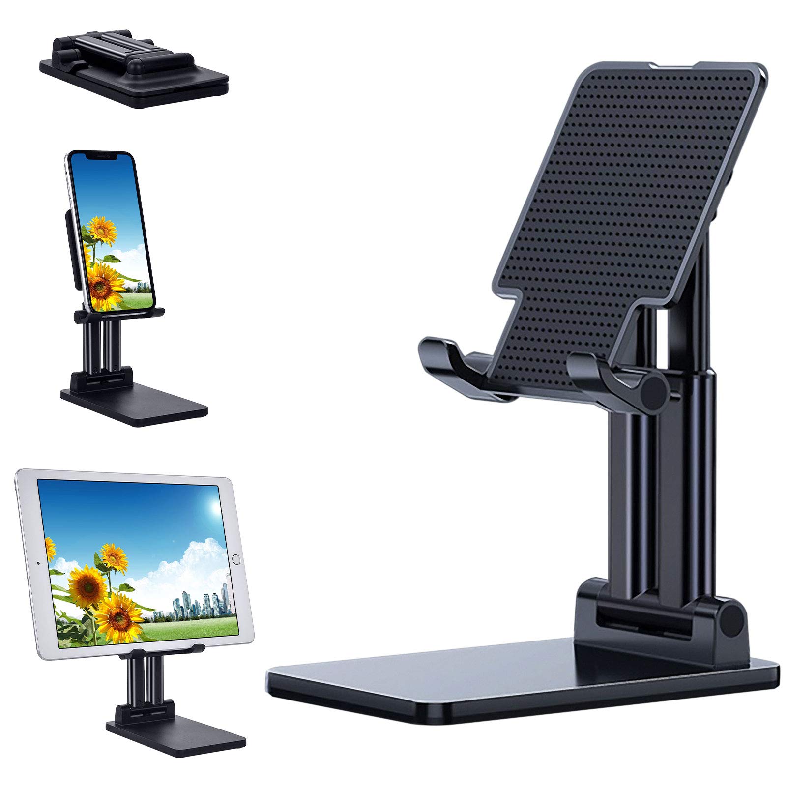 BrilliStar Adjustable Dual Tube Foldable Phone Stand - Portable Tablet Holder for iPad, iPhone, Samsung - Anti-Slip Desk Stand for Office, Home, Travel & Watching Videos (Black)